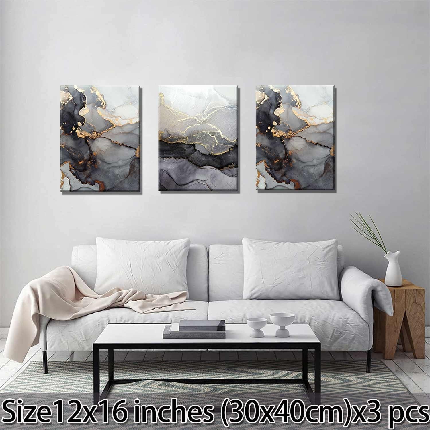 3Pcs Abstract Marble Wall Art Black and Gold Bathroom Decor Nordic Watercolor Gray White Fluid Ink Lines Canvas Picture Contemporary Painting Artwork for Living Room Bedroom Office Home Decor