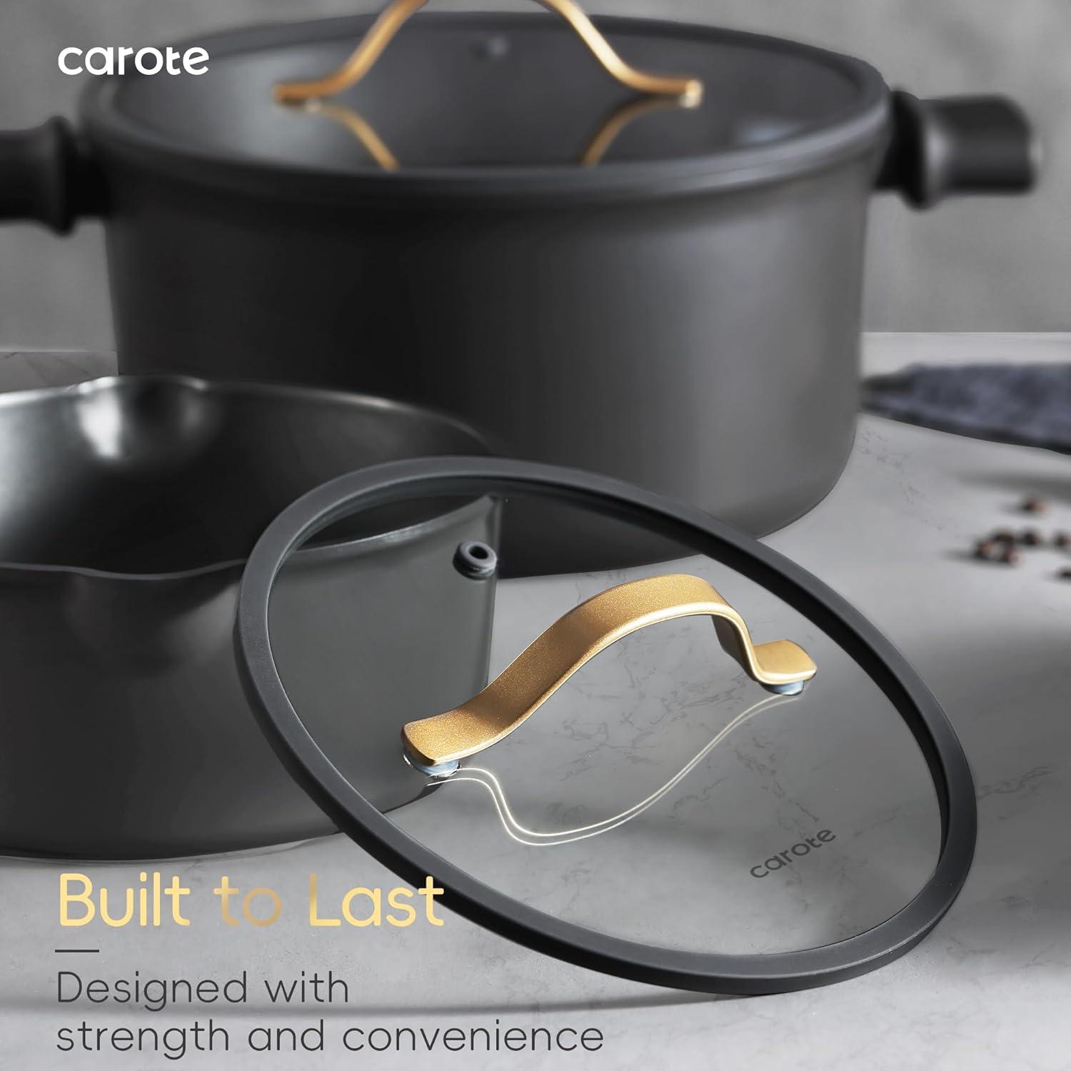 Carote 16 Pcs Nonstick Cookware Sets, Premium Pots and Pans Set, Easy to Clean, Grey and Gold