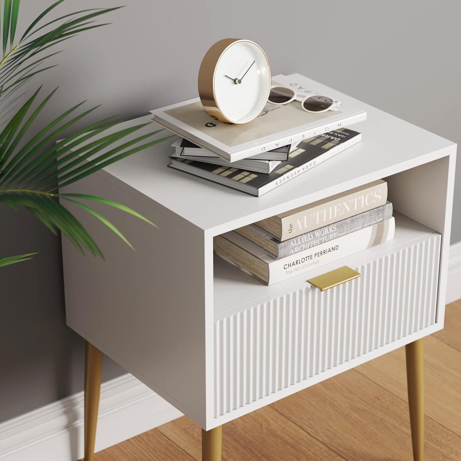 Jacklyn Wood Fluted Nightstand with Drawer White - Nathan James: Modern Bedside Table, Laminate Surface