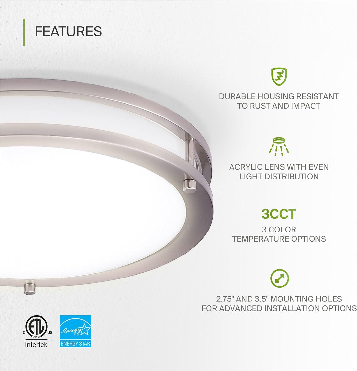 ASD LED 18 Inch Round Flush Mount Light Fixture | 28W 2250LM 3000K-5000K 120V | 3CCT, Dimmable, Energy Star, ETL Listed | Close To Ceiling Double Ring Lamp, Low Profile Lighting | Nickel