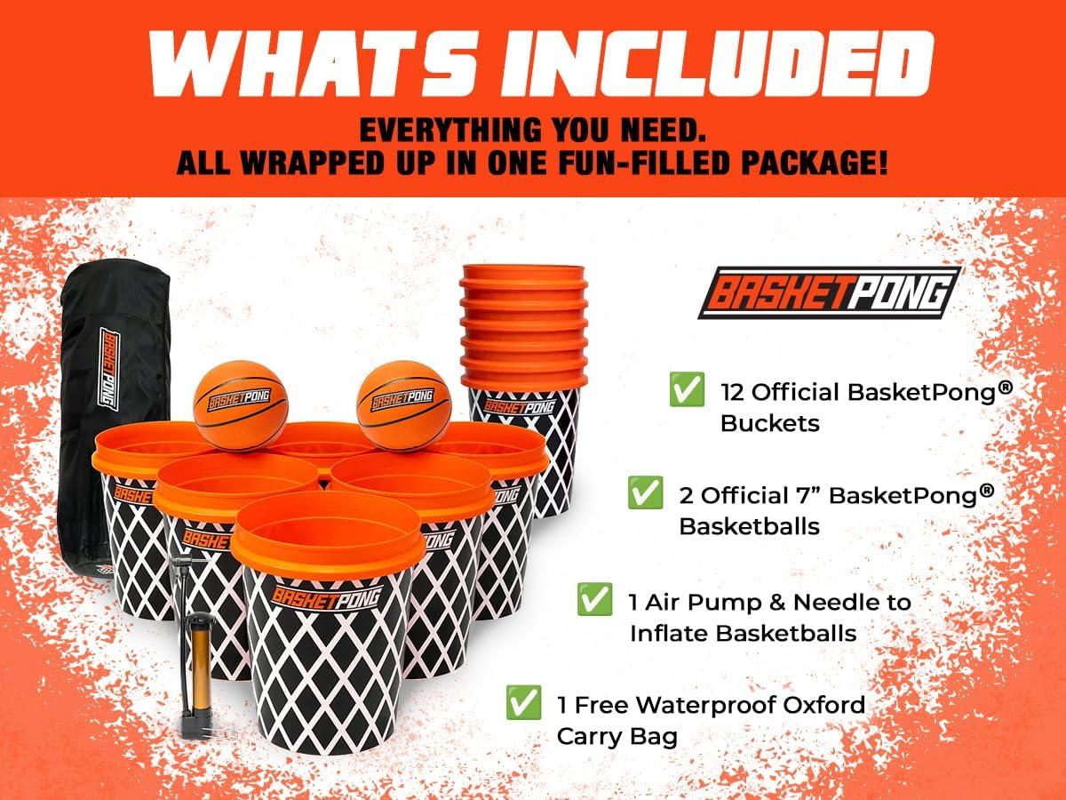 Giant Yard Pong X Basket Ball Game with Durable Balls and Buckets, Outdoor Game for Lawn, Backyard and Beach, Set Includes 12 Buckets, 2 Basket Balls, Carrying Bag and Air Pump