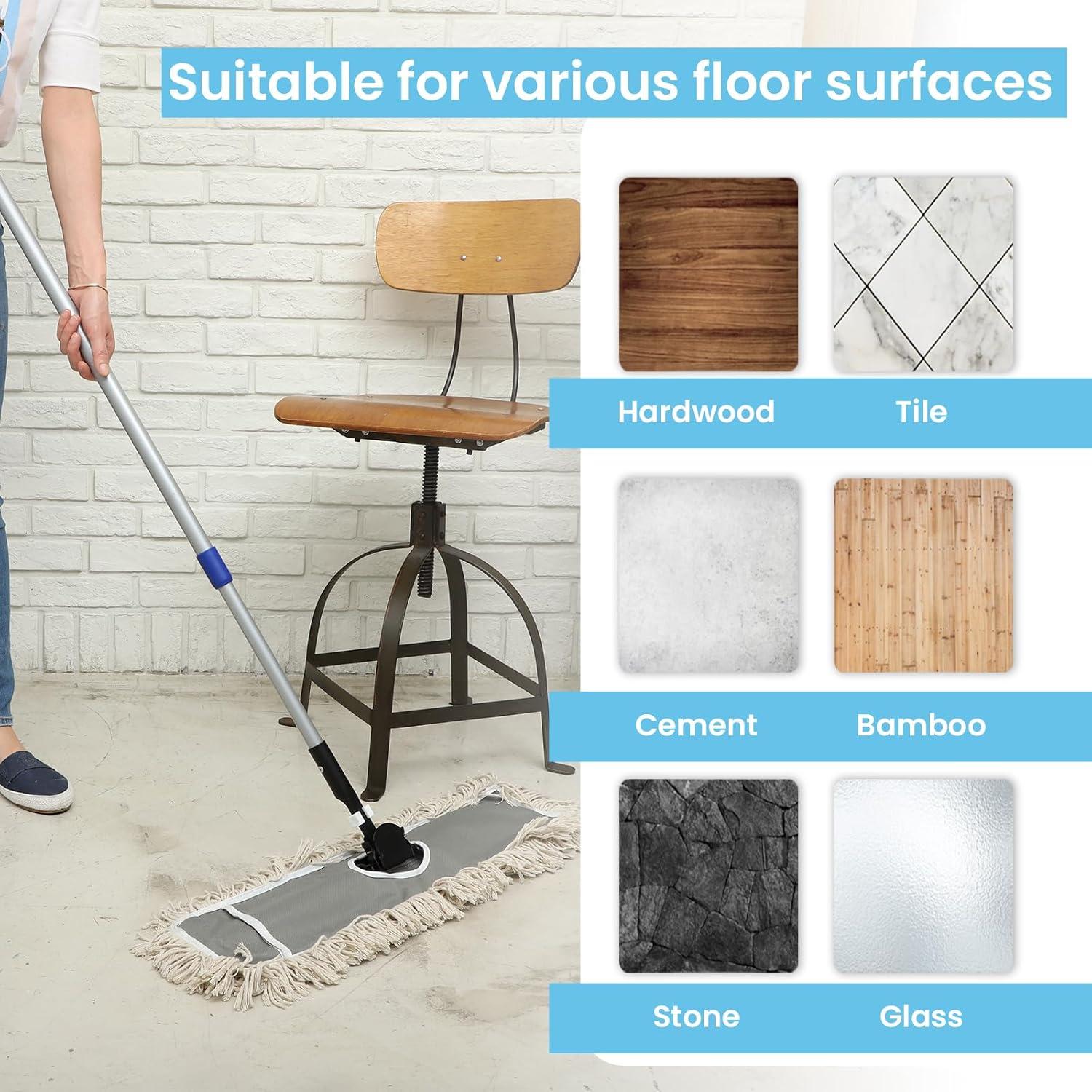 24" Industrial Cotton Floor Dust Mop with adjustable Steel Handle - Commercial Mops for Hardwood, Tiles, Laminate, Vinyl, Garage epoxy, Bamboo surface cleaning and Flooring Push Dust Broom