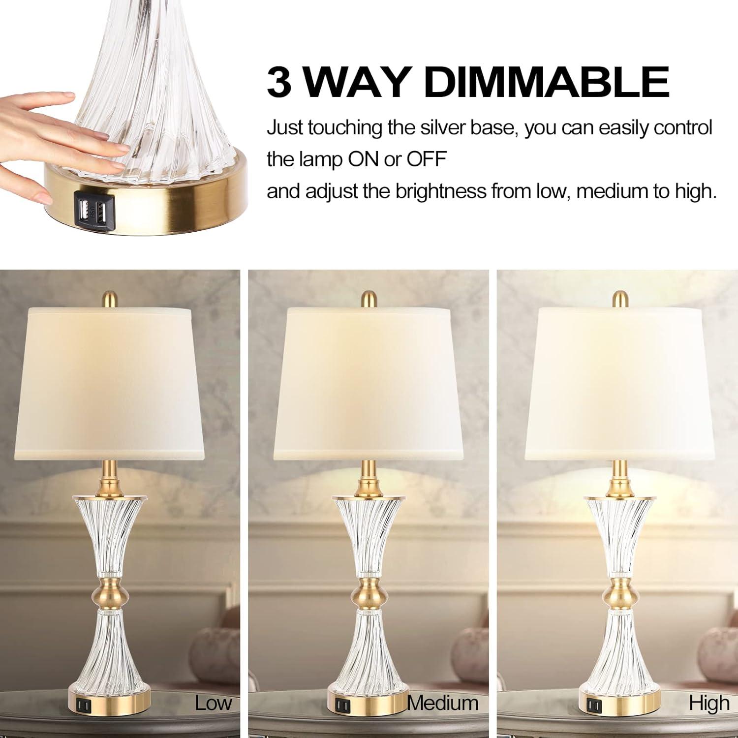 Touch Control Dimmable Table Lamps for Bedrooms, 3-Way Gold Crystal Bedside Lamp with USB Ports, Set of 2 Contemporary End Table Lamps with White Drum Shade for Living Room Reading, LED Bulbs Included