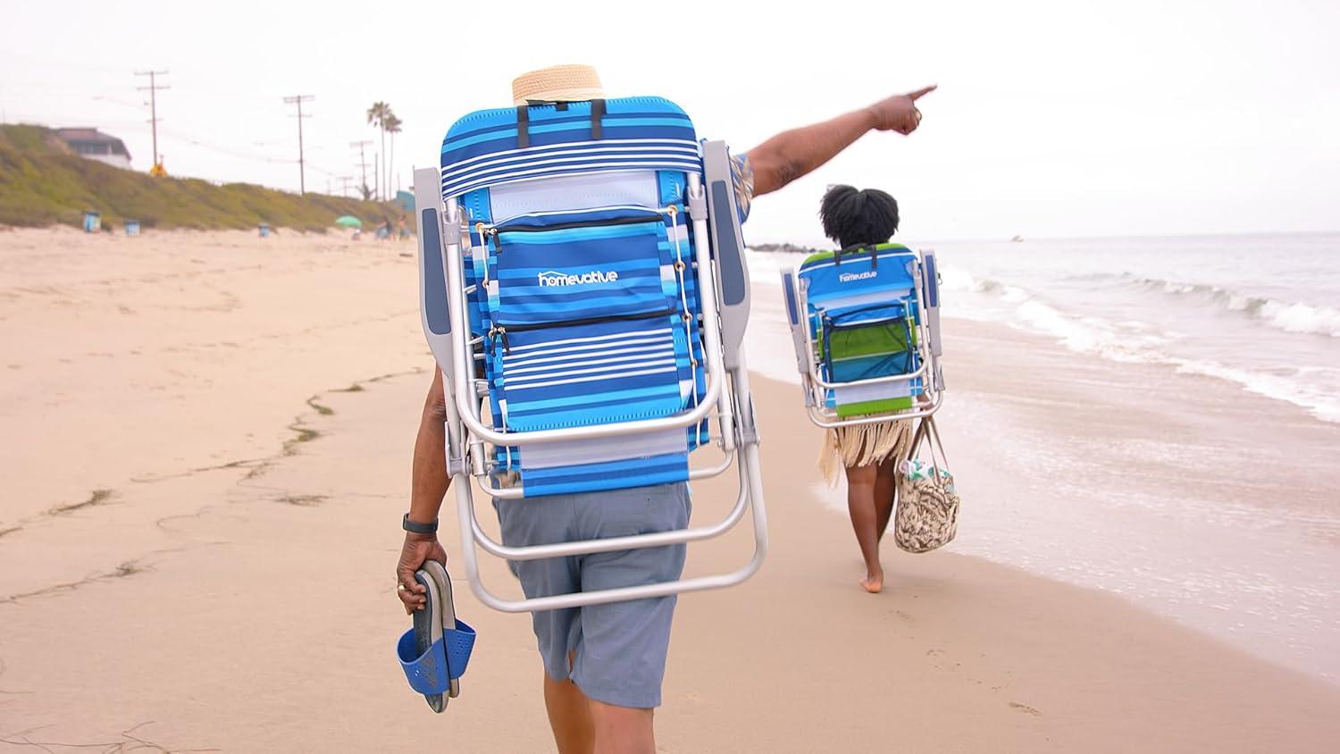 High Tide Blue Tall Folding Beach Chair with Storage and Cooler