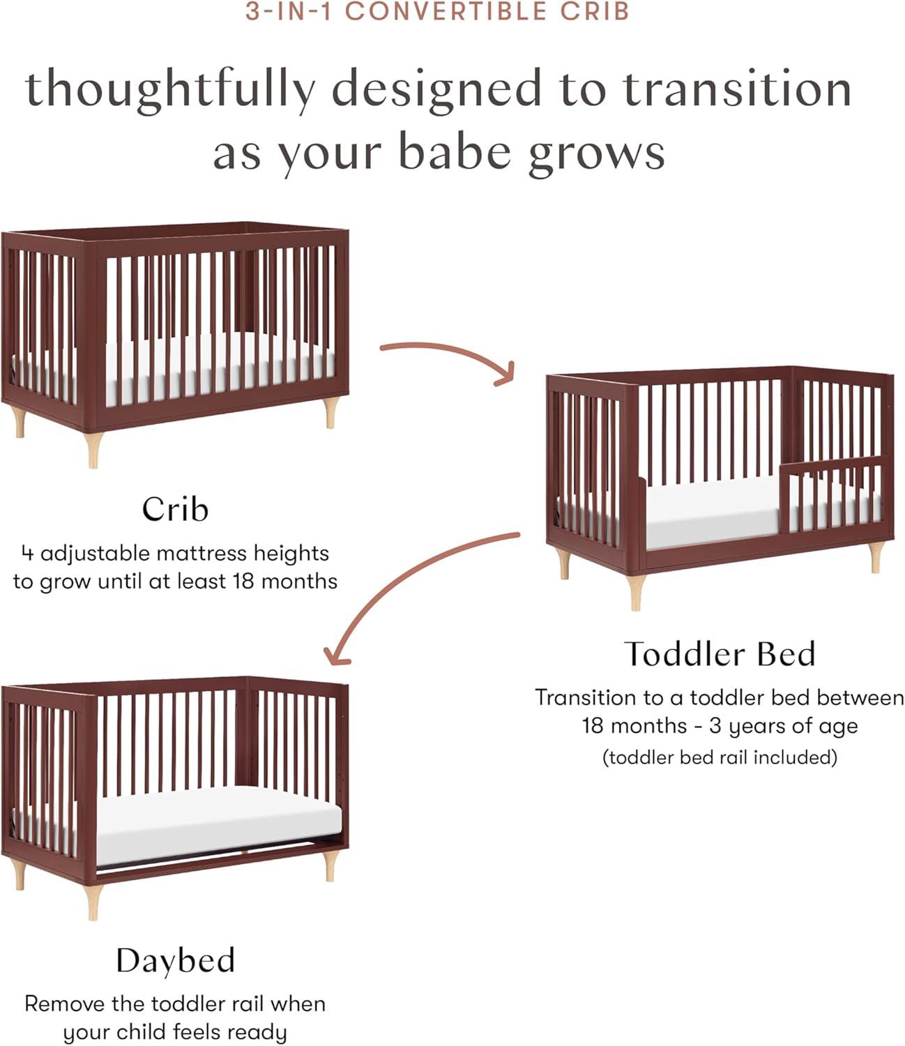 Babyletto Lolly Crimson Red & Natural Wood 3-in-1 Convertible Baby Crib with Toddler Bed Conversion Kit