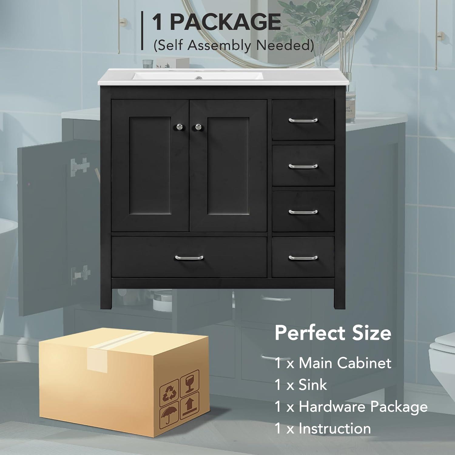 Kojooin 36" Bathroom Vanity With Ceramic Sink Combo, Storage Cabinet, 2 Soft Close Doors And 5 Drawers, Bathroom Sink Cabinet For Home Garage Garden Office