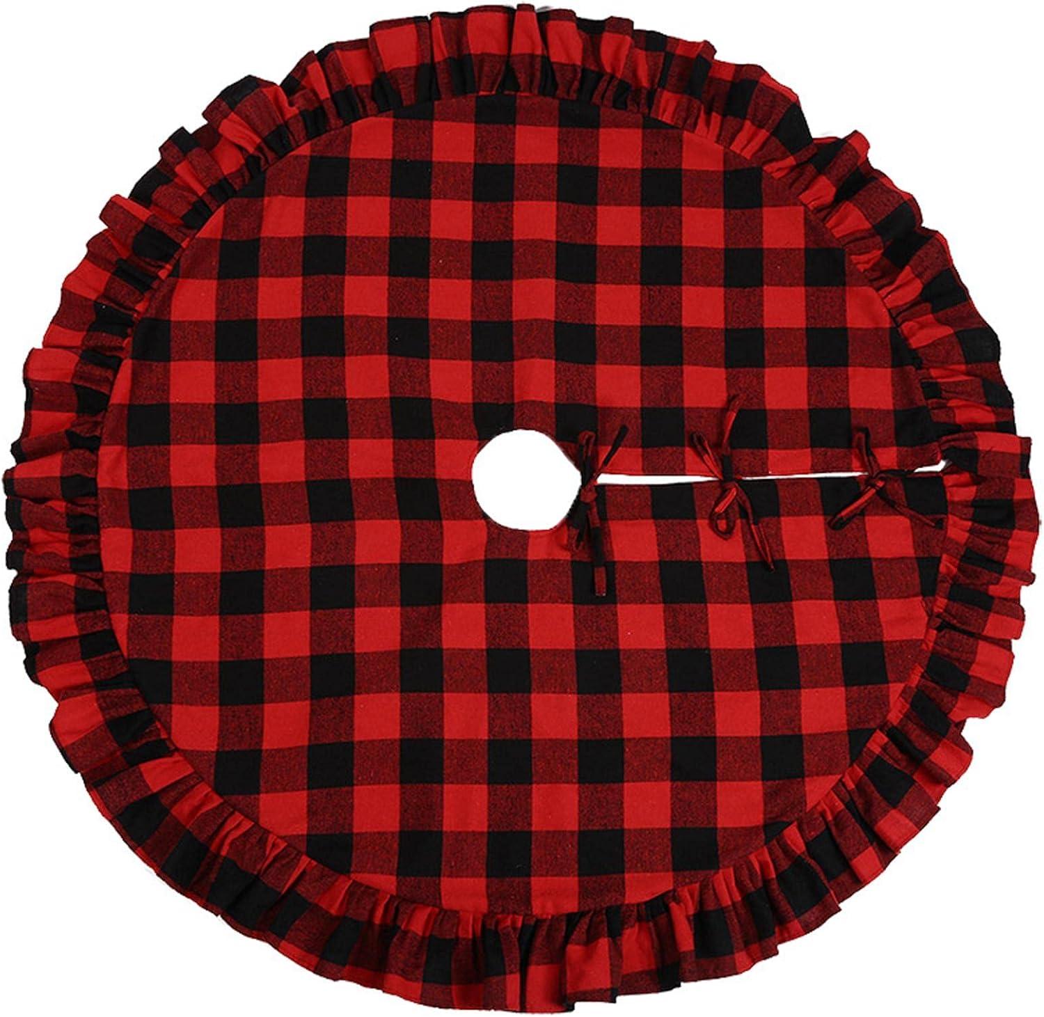 48-Inch Red and Black Buffalo Plaid Christmas Tree Skirt with Ruffle Edge