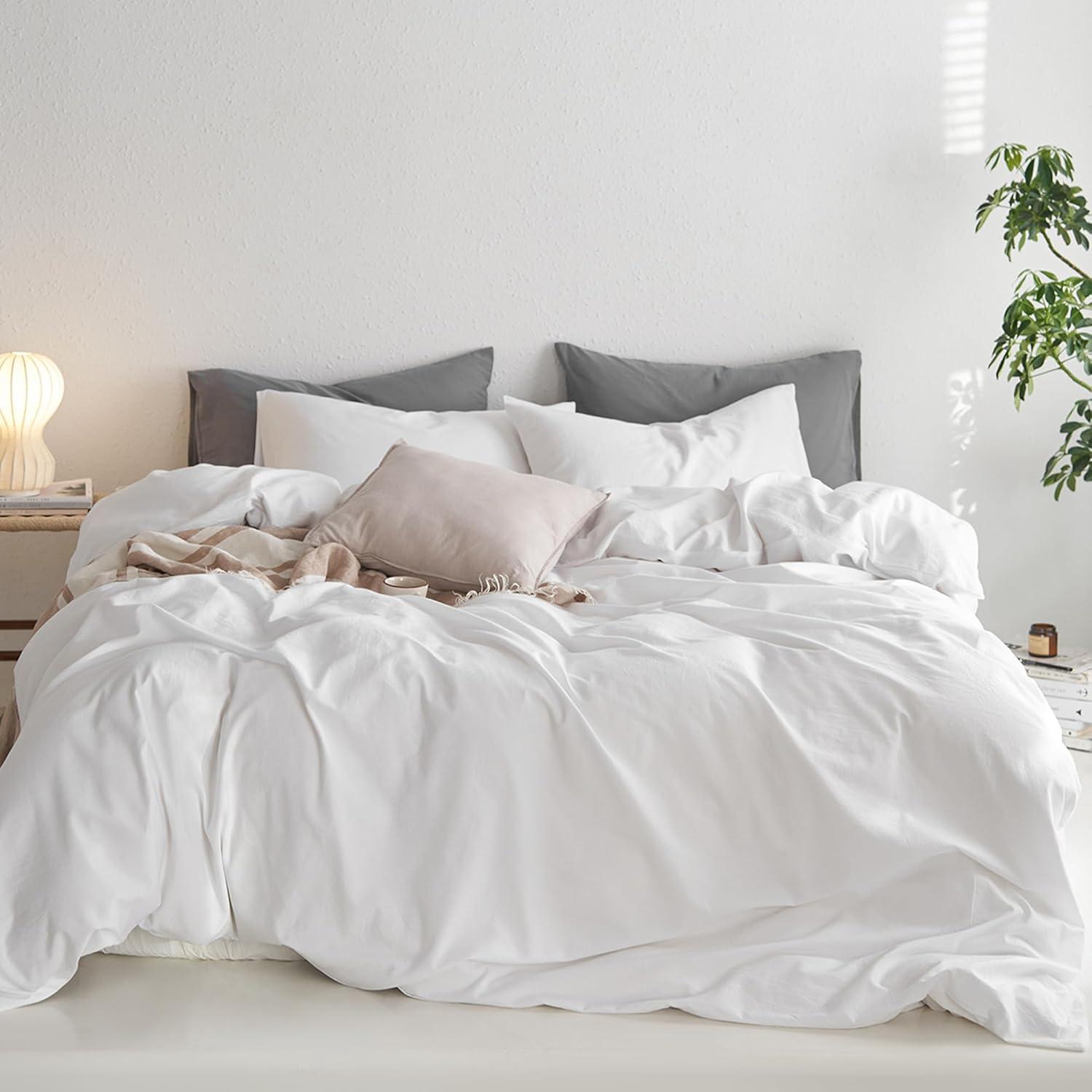 MOOMEE Linen Like Textured 100% Washed Cotton Twill Duvet Cover Set Ultra Soft
