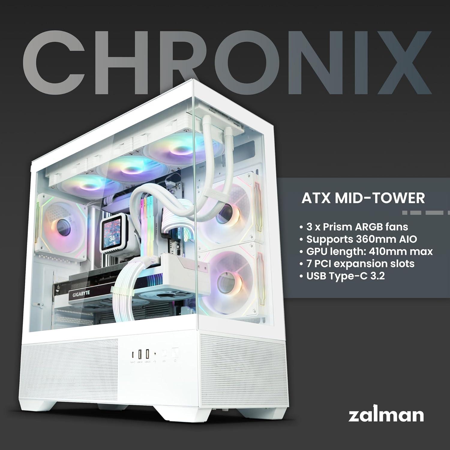 Zalman Chronix ATX Mid-Tower Gaming PC Case, Includes 3 x ARGB Fans, USB Type-C, 360mm Top & 240mm Side Radiator Support, Panoramic Tempered Glass, Cable Management, Desktop Computer Chassis, White