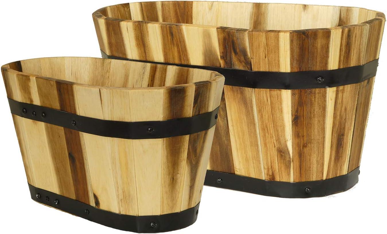 Set of 2 Acacia Oval Barrel Planters - Classic Home and Garden