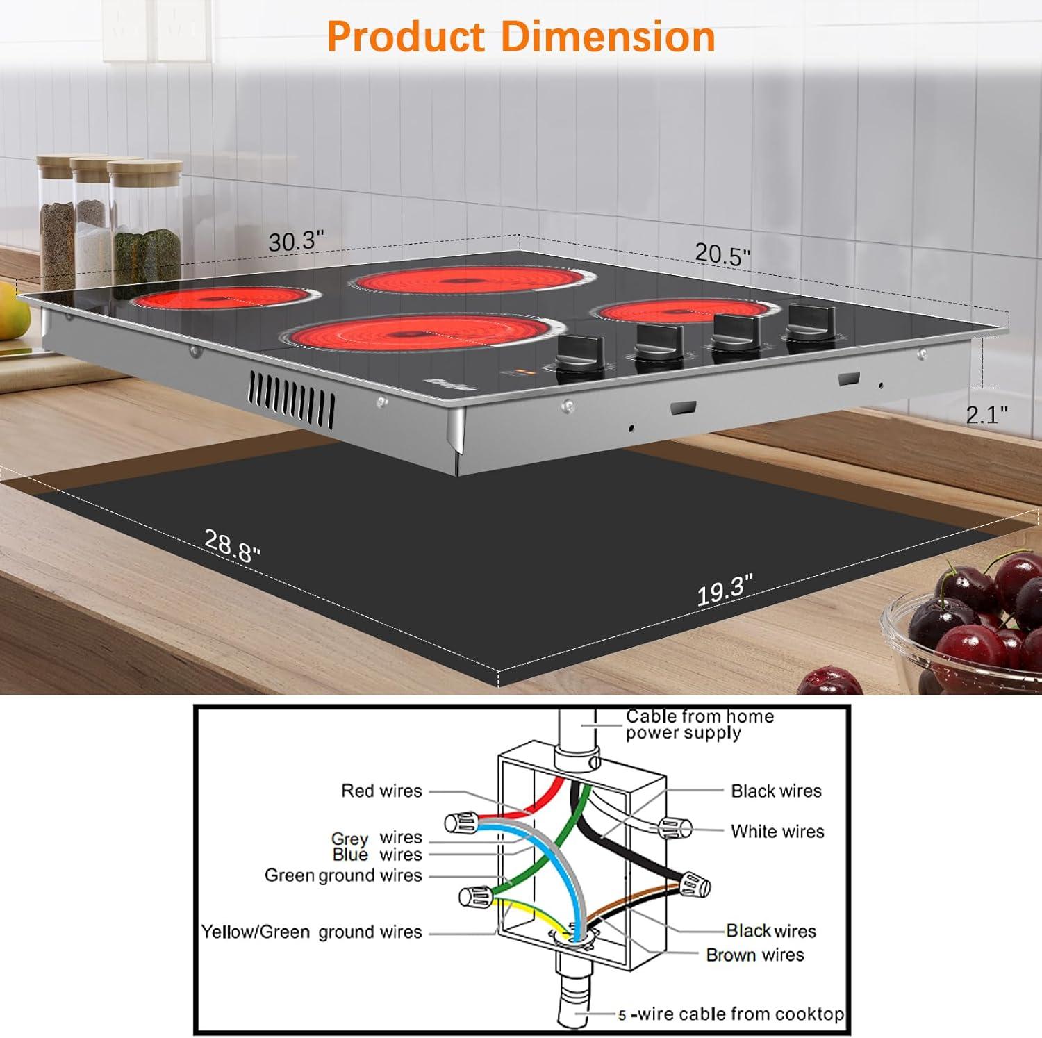 30 Inch Black Ceramic 4-Burner Electric Cooktop with Knob Control