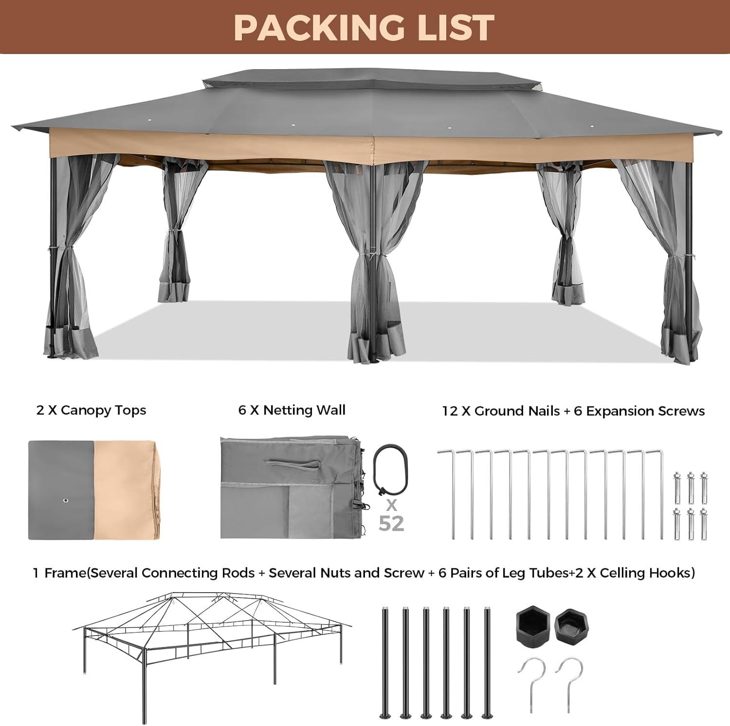 Hoteel 12X20 Heavy Duty Outdoor Patio Gazebo with Mosquito Netting and Curtains, Canopy Tent Deck Gazebo with Double Roofs and Metal Steel Frame for Party, Backyard, Deck, Garden, Gray