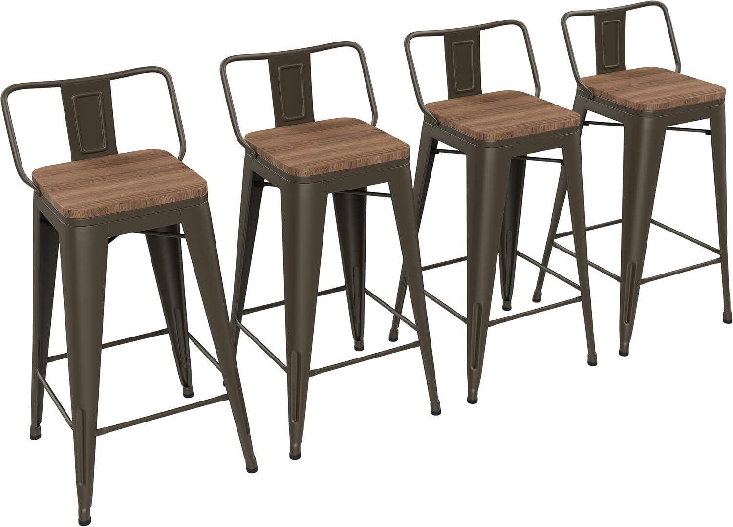 Yaheetech 24" Low Back Metal Counter Height Bar Stools with Wood Seat & Footrest, Set of 4