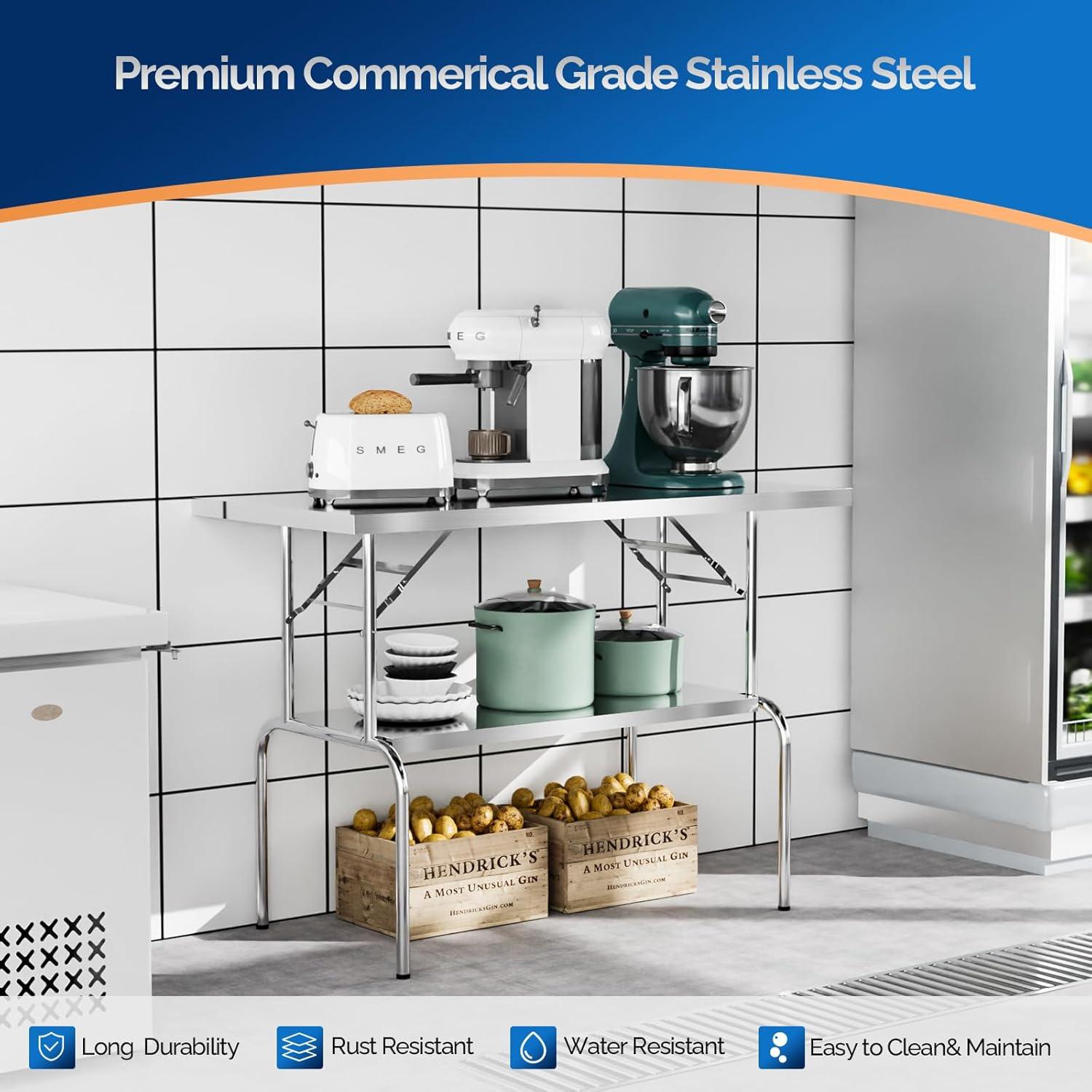 48 X 24 Inches Stainless Steel Folding Table With Undershelf