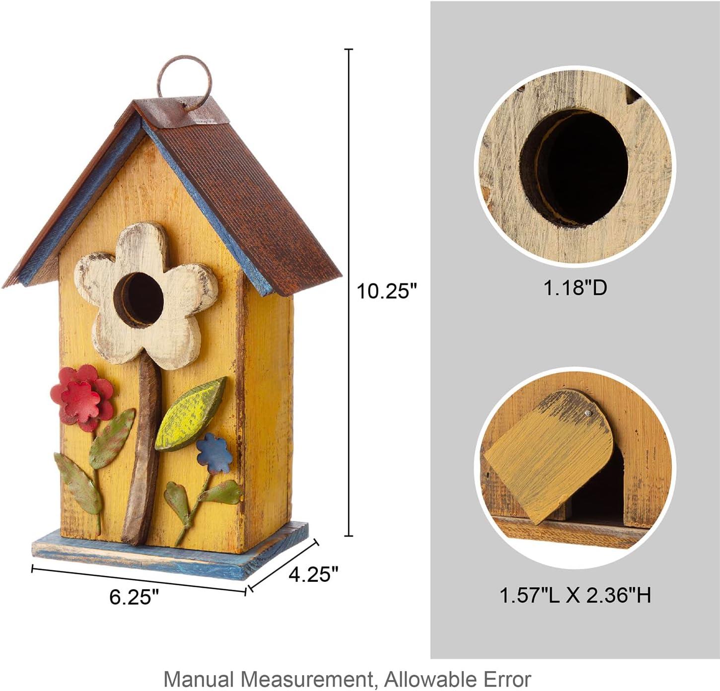 Glitzhome  10"H Multicolor Cute Distressed Solid Wood Birdhouse with 3D Flowers Flower-Orange 10.25"H