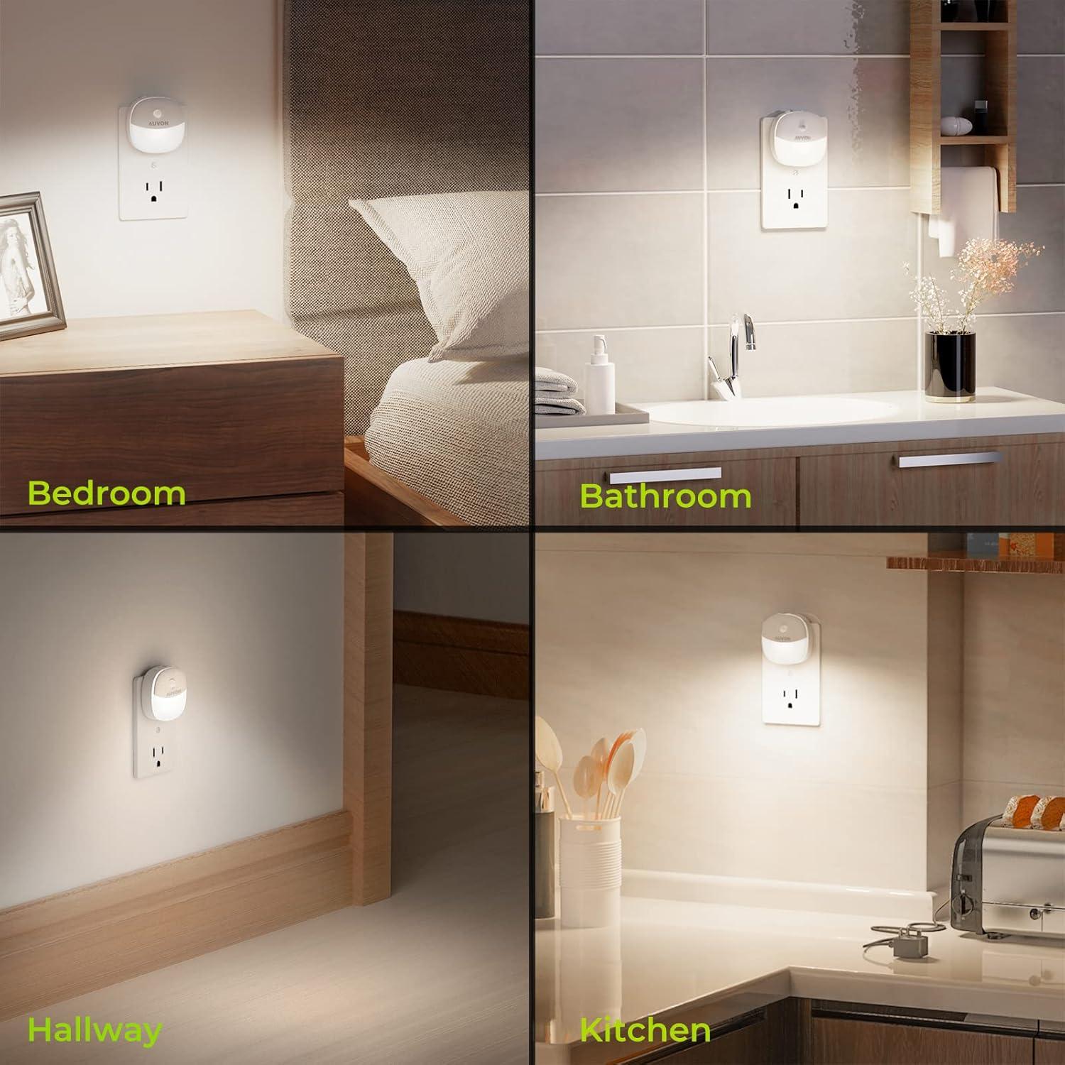 AUVON Plug in Night Light with Motion Sensor and Dusk to Dawn Sensor, Mini Warm White LED Nightlight with 1-50 lm Adjustable Brightness for Bathroom, Hallway, Stairs, Bedroom, Kitchen (4 Pack)