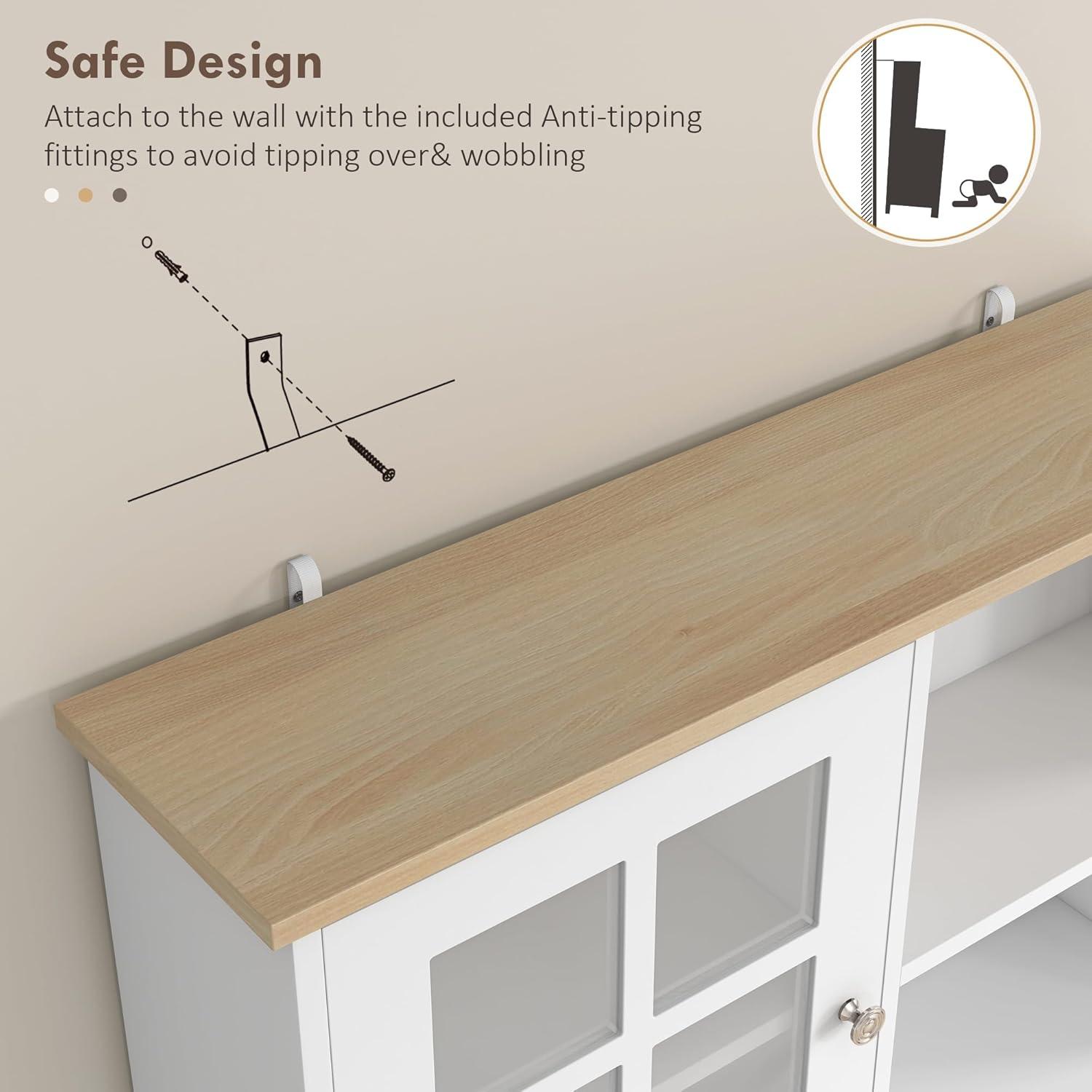 HOMCOM Kitchen Buffet with Hutch, Storage Pantry with 3 Cabinets, 2 Open Shelves and Large Countertop, White