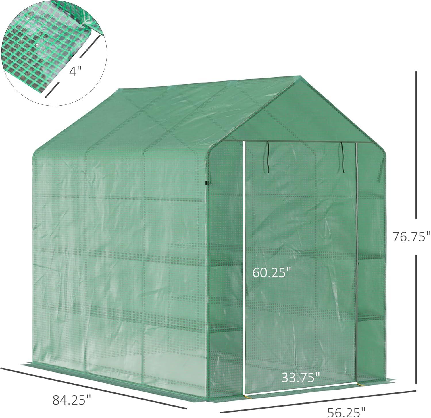 Outsunny 84.25" x 56.25" x 76.75" Walk-in Greenhouse, 2-Tier Shelves, Steel Frame Hot house, Roll-Up Zipper Door for Flowers, Vegetables, Green