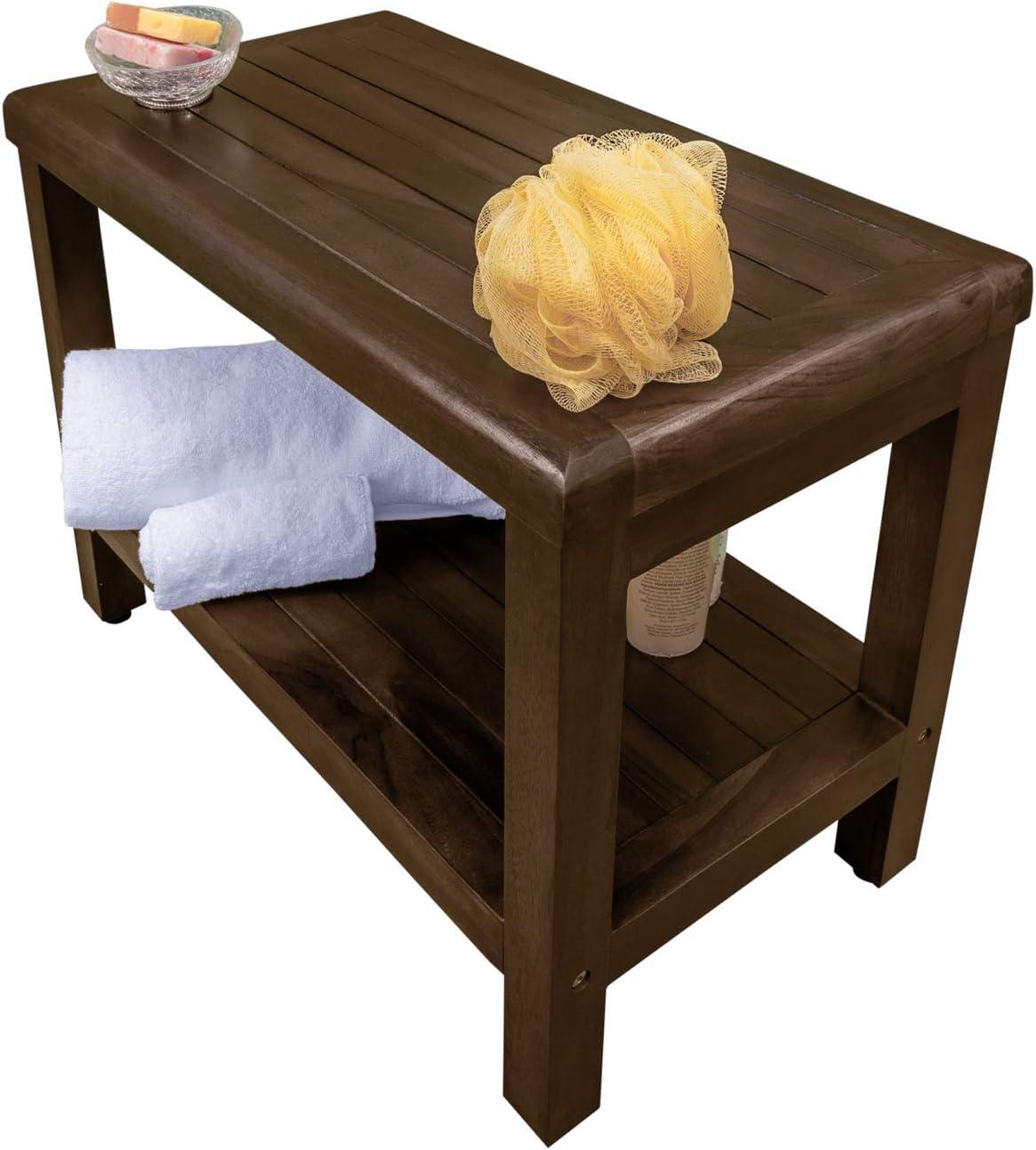 24" Brown Teak Shower Bench with Shelf