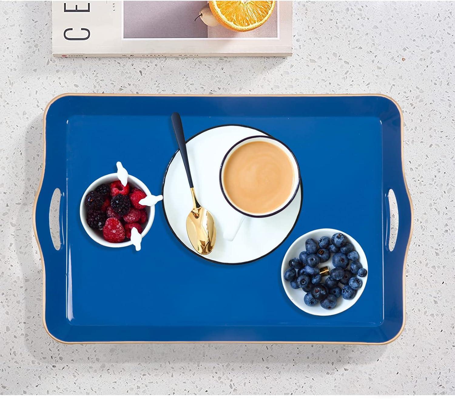 MAONAME Melamine Serving Tray with Handles, Royal Blue Modern Decorative Tray, Rectangular Plastic Tray for Coffee Table, Large Ottoman Tray for Bedroom, Living Room, 17" x 11.8" x 2"