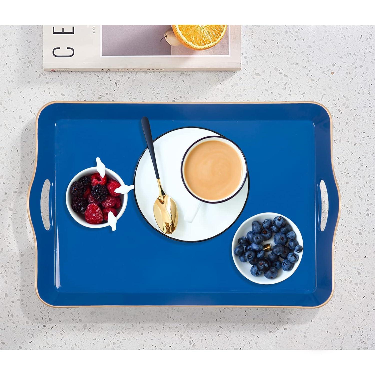MAONAME Melamine Serving Tray with Handles, Royal Blue Modern Decorative Tray, Rectangular Plastic Tray for Coffee Table, Large Ottoman Tray for Bedroom, Living Room, 17" x 11.8" x 2"