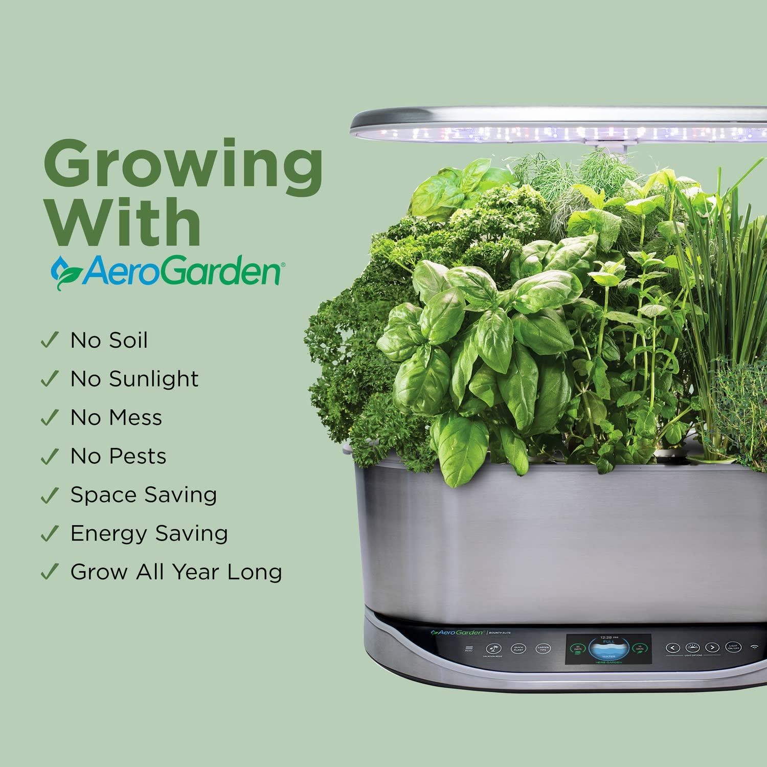 AeroGarden Bounty Elite - Jardín Interior con Luz de Cultivo LED, Acero Inoxidable Platino