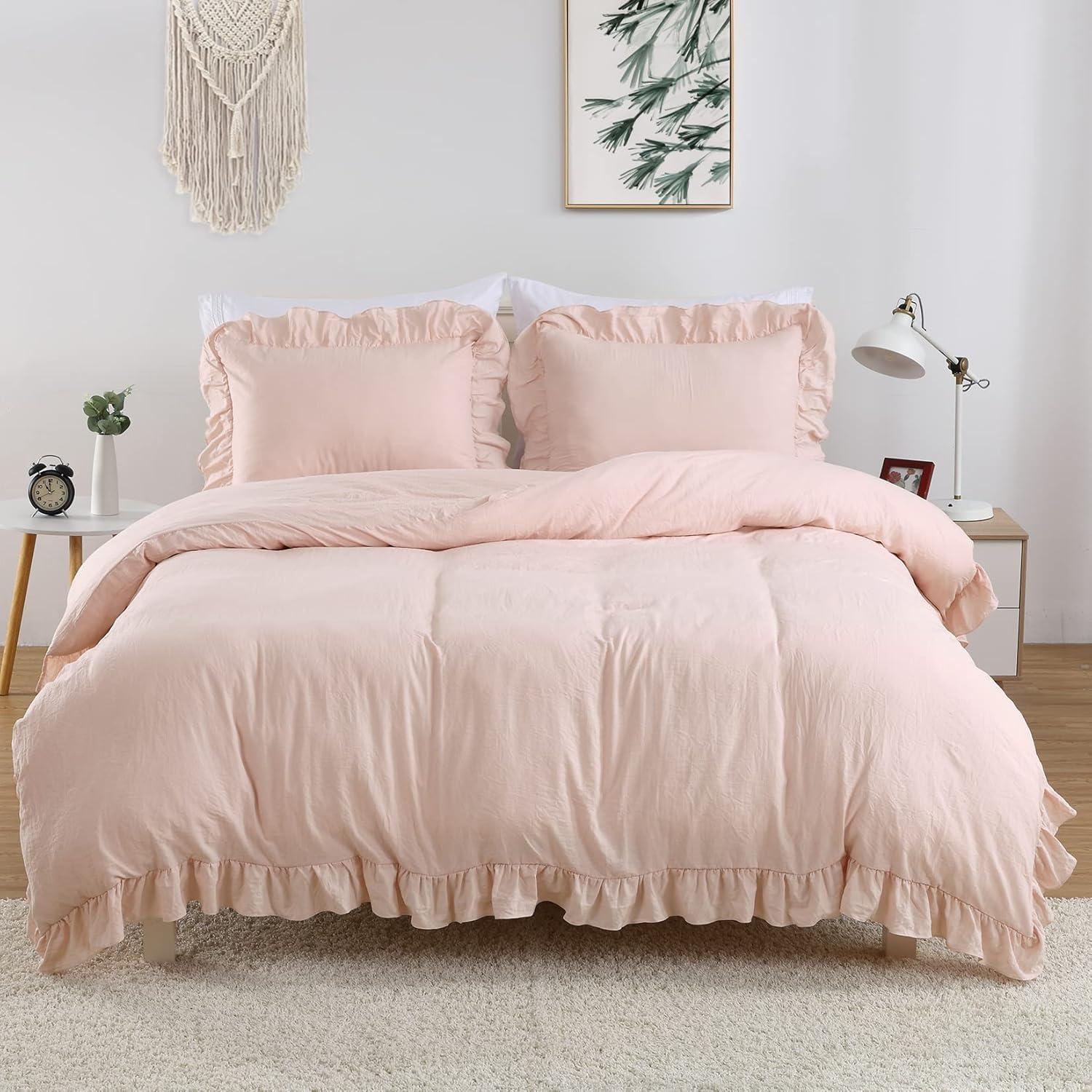 HOMERRY Pink Ruffle Pattern Duvet Cover Queen Size, 3PCS Soft Microfiber Fabric Comforter Set, 90x90 in