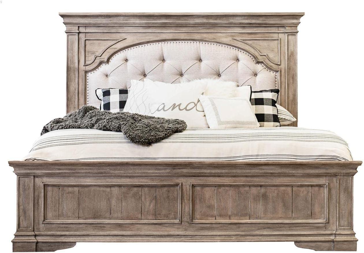 Highland Park Driftwood Gray Upholstered Queen Panel Bed with Nailhead Trim