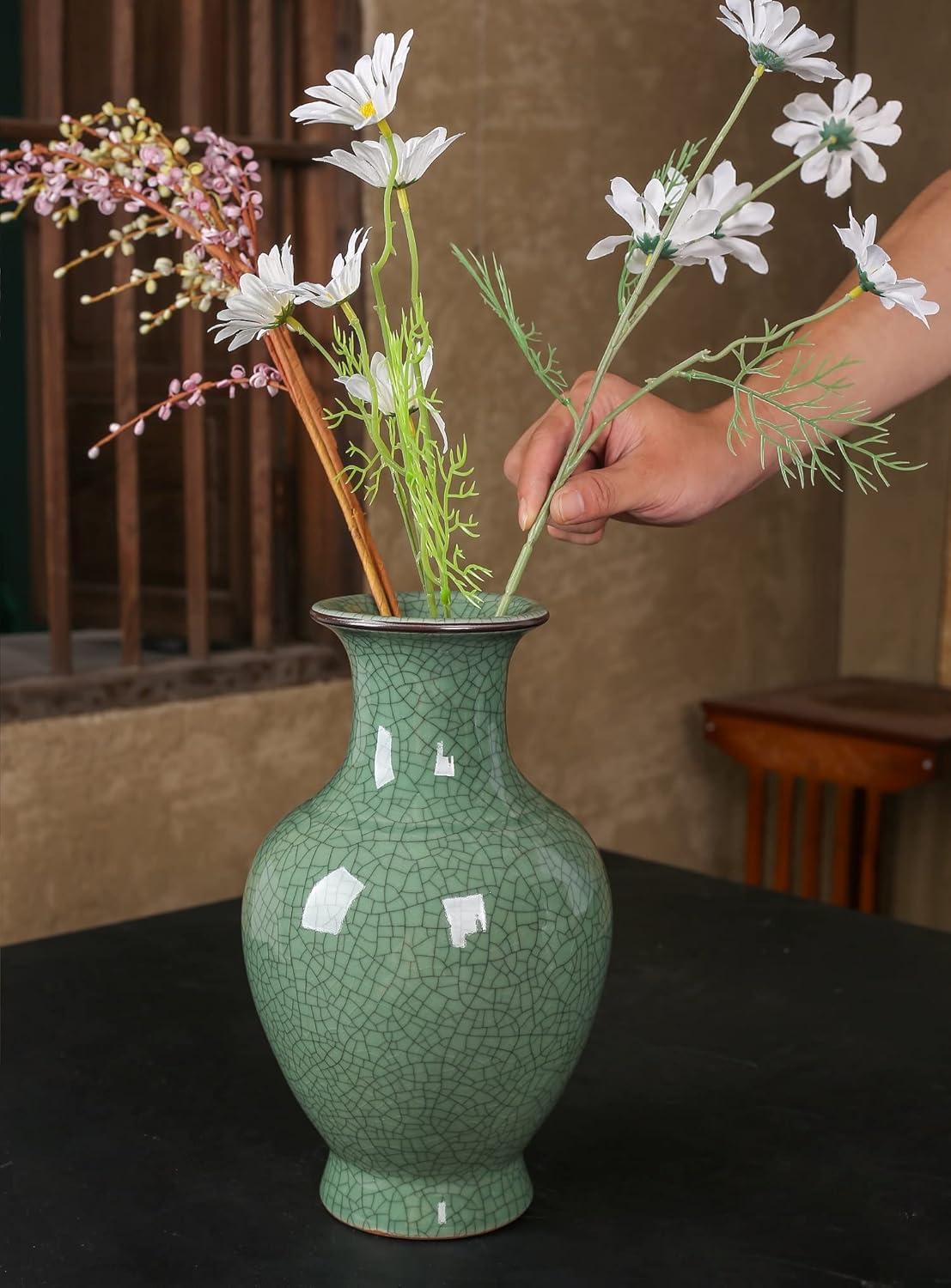 Green Ceramic Vase for Home Decor, Rustic Oriental Vases, Glazed Decorative Farmhouse Vase for Mantel, Table, Bookshelf, Living Room Decoration(Green)