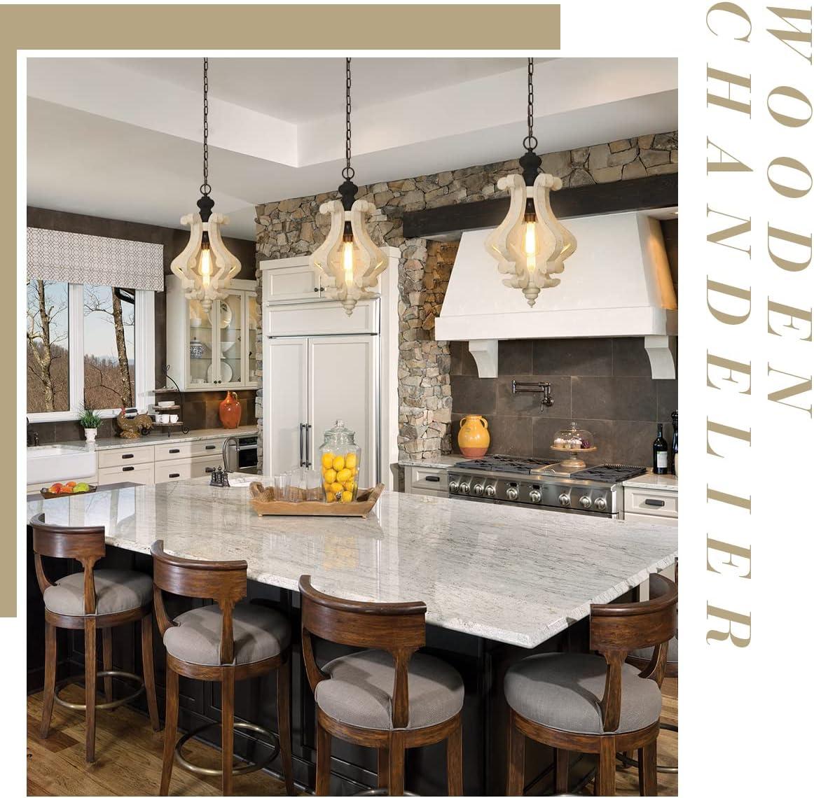 Wooden Chandelier Pendant Light with Adjustable Chain Lighting Fixture for Farmhouse Living Room