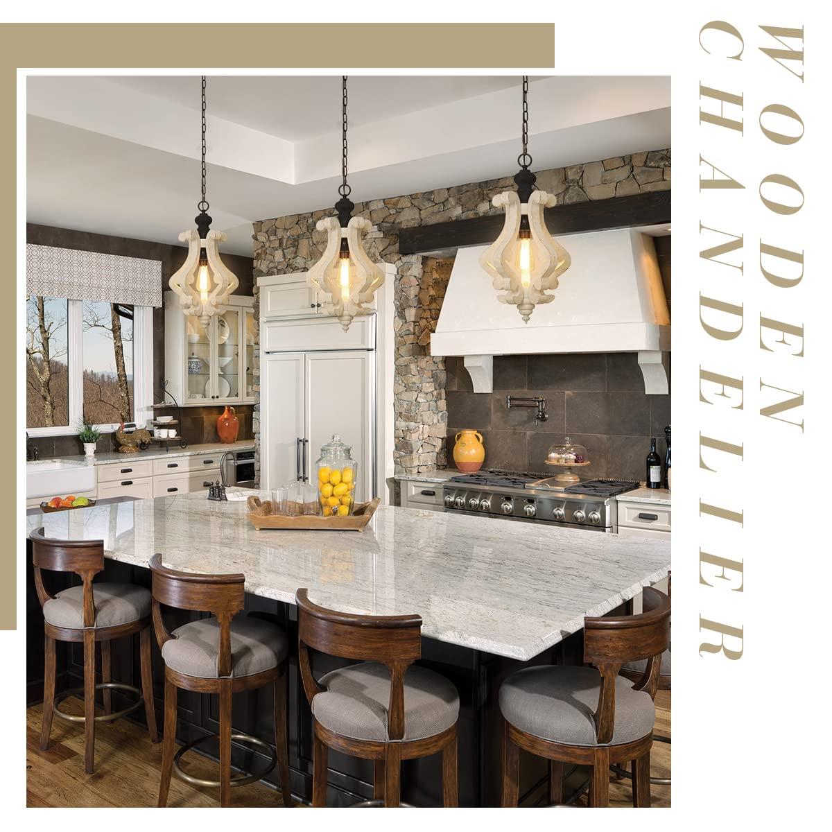 Wooden Chandelier Pendant Light with Adjustable Chain Lighting Fixture for Farmhouse Living Room