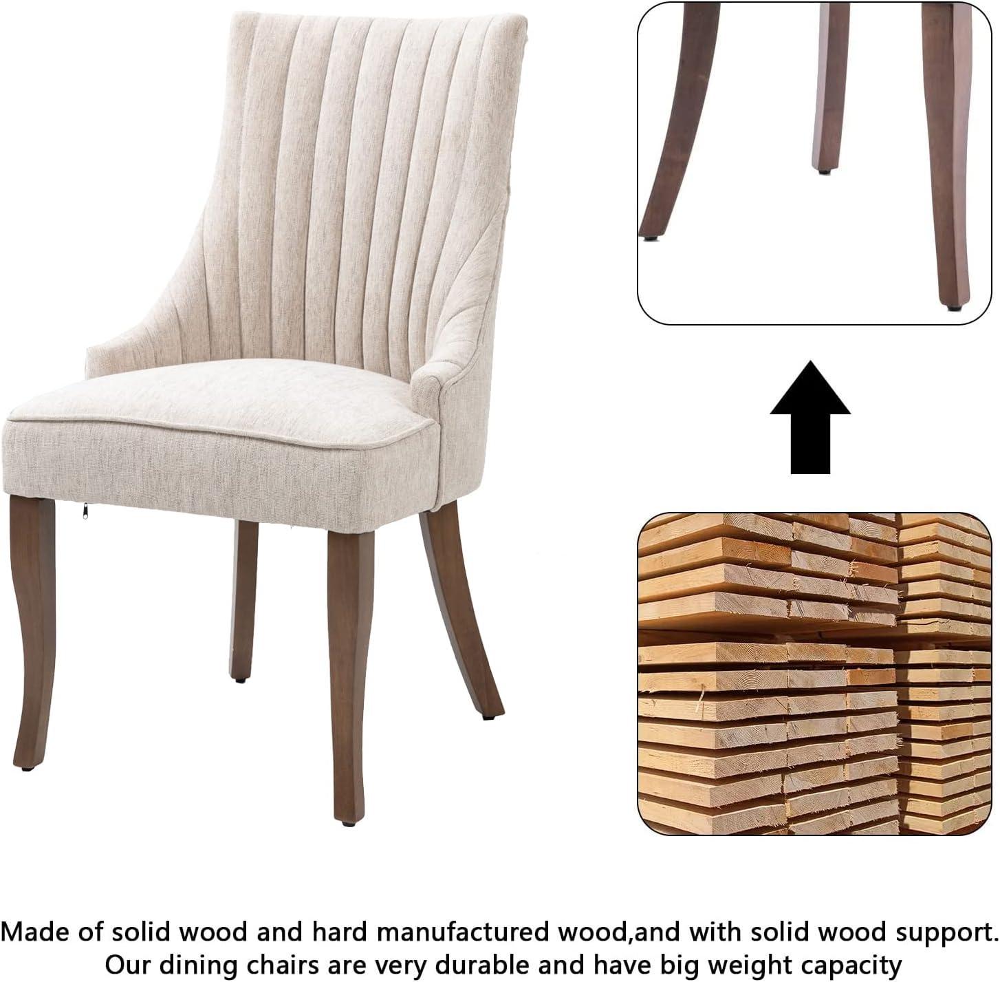 Beige High Back Linen Upholstered Side Chair with Wood Legs