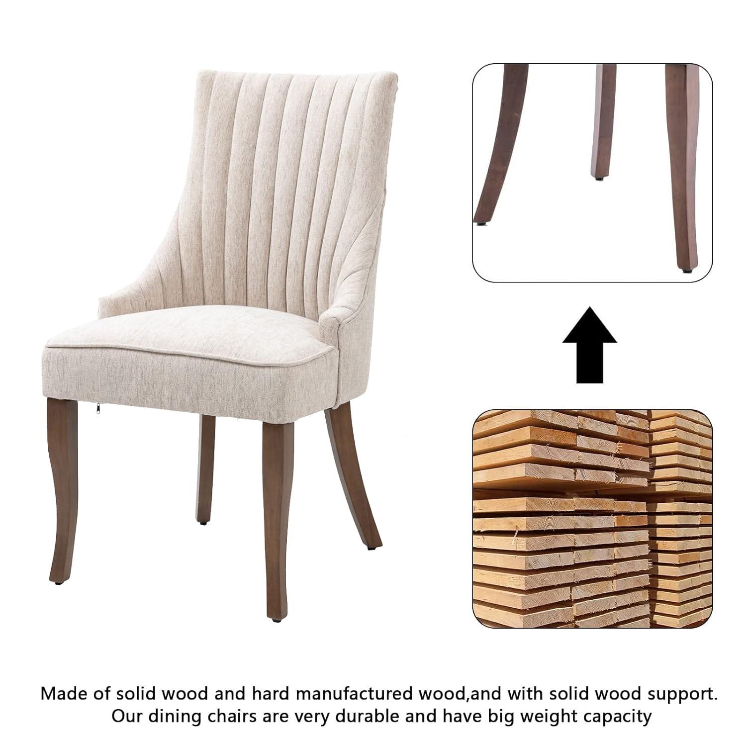 mikibama Linen Dining Chairs Set of 4 Channel Tufted Kitchen Dinner Chair Comfy Fabric Upholstered Accent Chair for Dining Room with Solid Wood Legs (Brown 4pc)