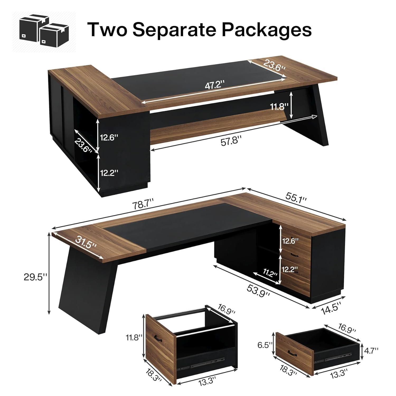 Tribesigns Modern 78" L-Shaped Executive Desk with Drawers and Lateral File Cabinet, Brown