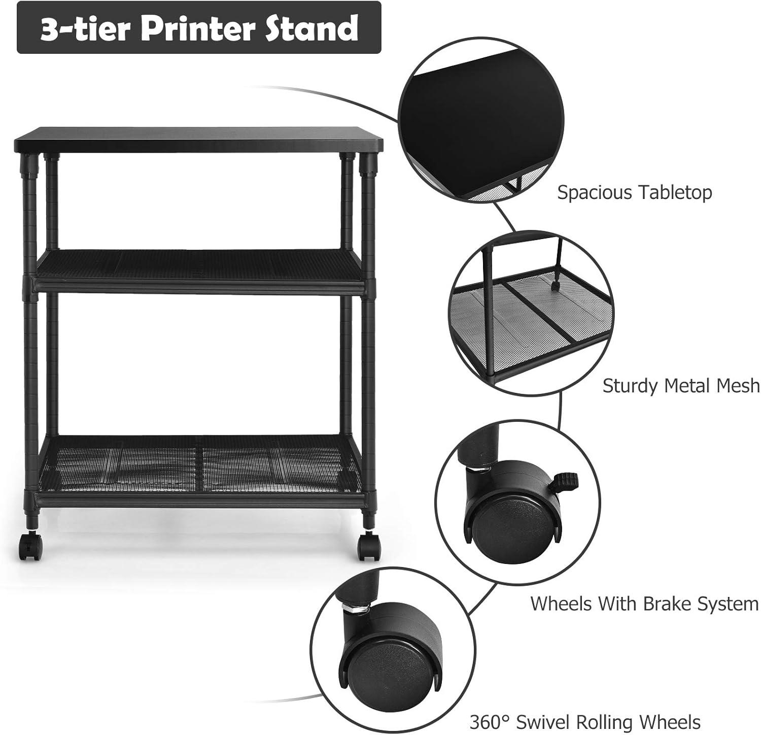 Costway 3-Tier Printer Stand Rolling Fax Cart with Adjustable Shelf & Swivel Wheel Brown/Black