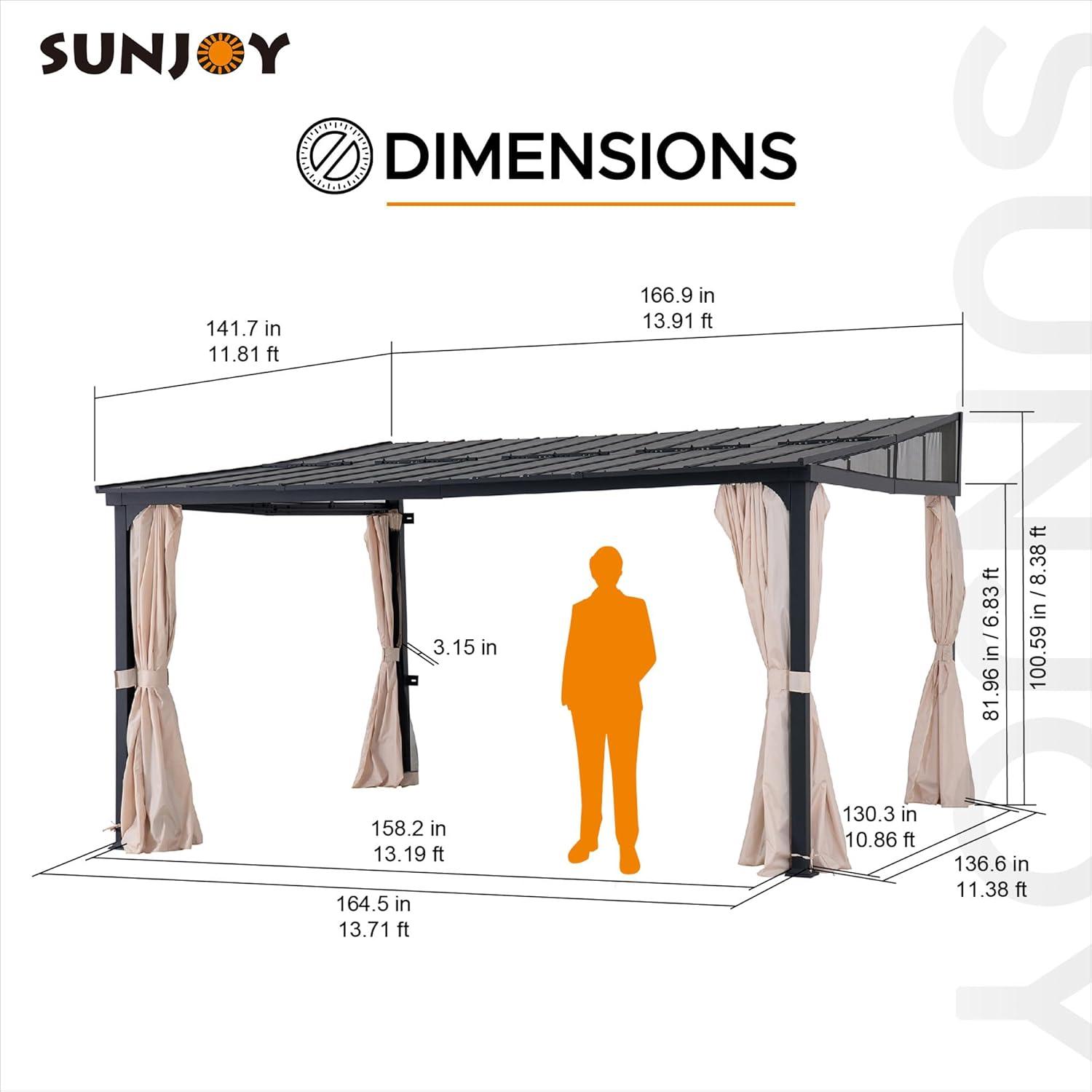 Sunjoy 12’ x 14’ Wall Mounted Gazebo with Powder Coated Steel Roof, Black Aluminum & Metal Frame Lean to Gazebo with Curtains and Netting