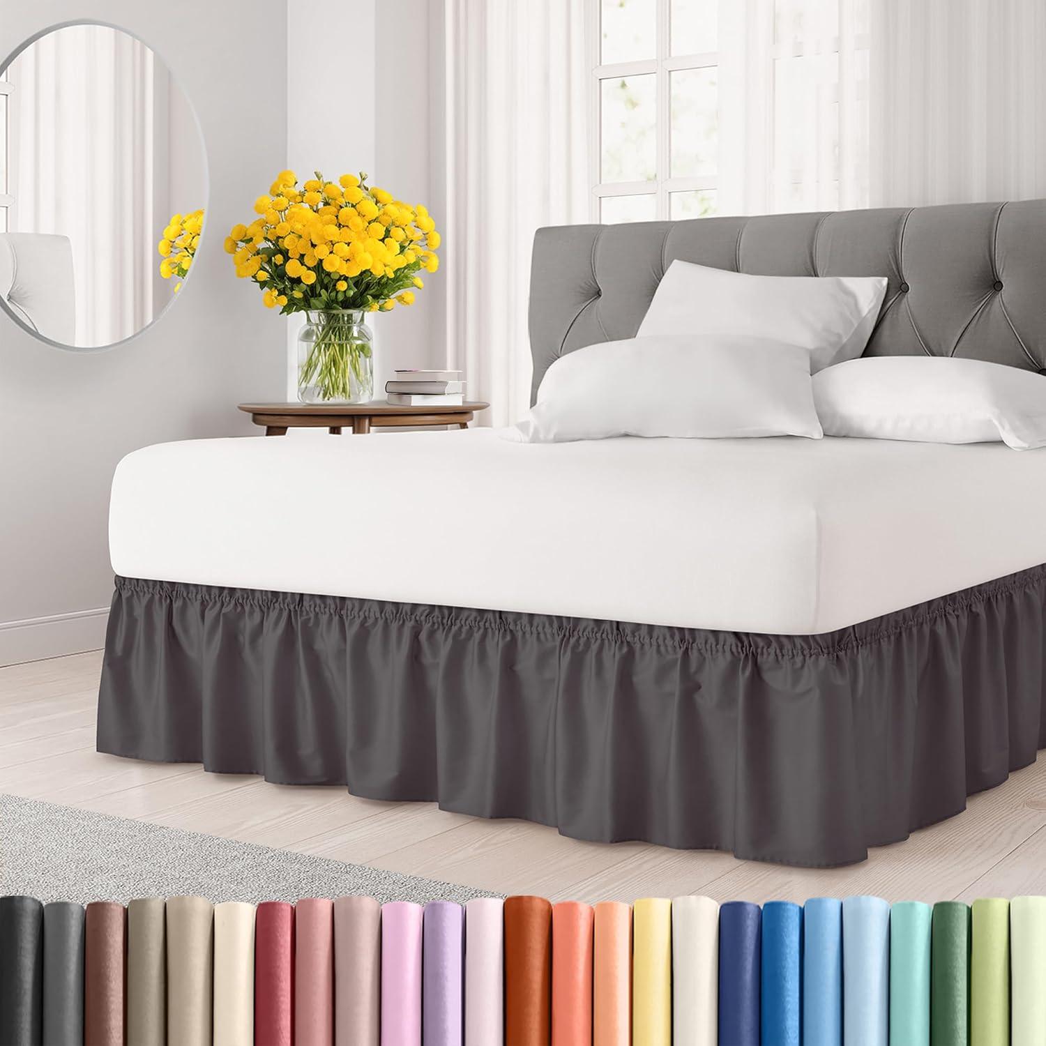 CGK Linens Elastic Wrap-Around Dust Ruffled Bed Skirt - Easy Fit with Pleated 15" Drop in Dark Grey, Size Twin