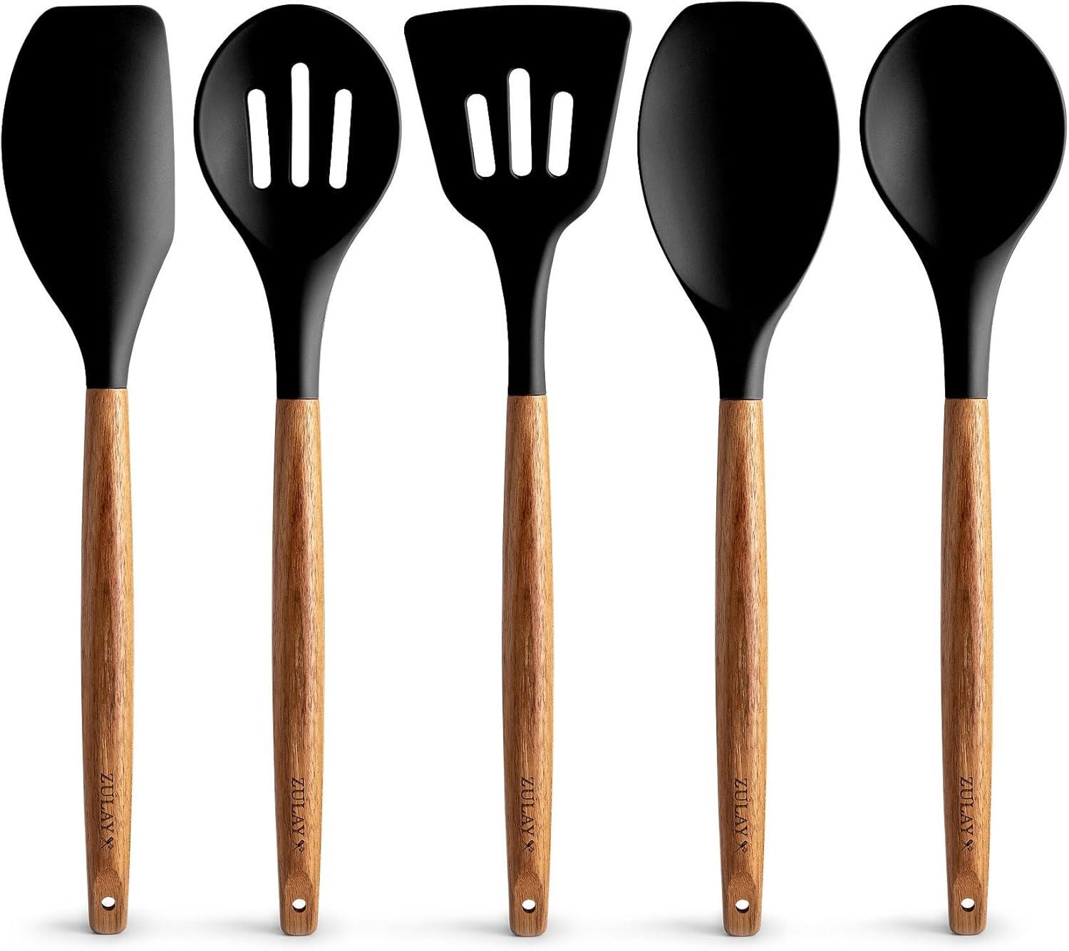 Zulay Kitchen Non-Stick Silicone Utensils Set with Acacia Wood Handles 5 Piece Silicone - Black