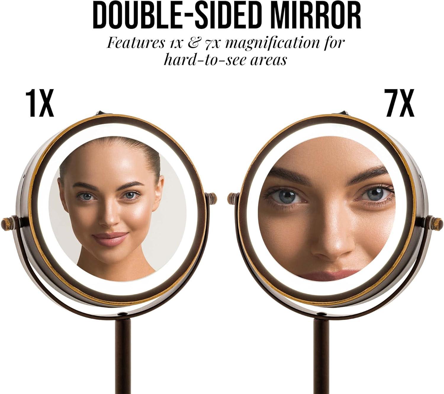 Ovente Lighted Vanity Mirror 6 Inch Table Top 1X 7X Magnification LED 360 Adjustable Double Sided Spinning Personal Makeup Stand Desk Bathroom Battery Powered Circle Large Antique Bronze MLT60ABZ1X7X