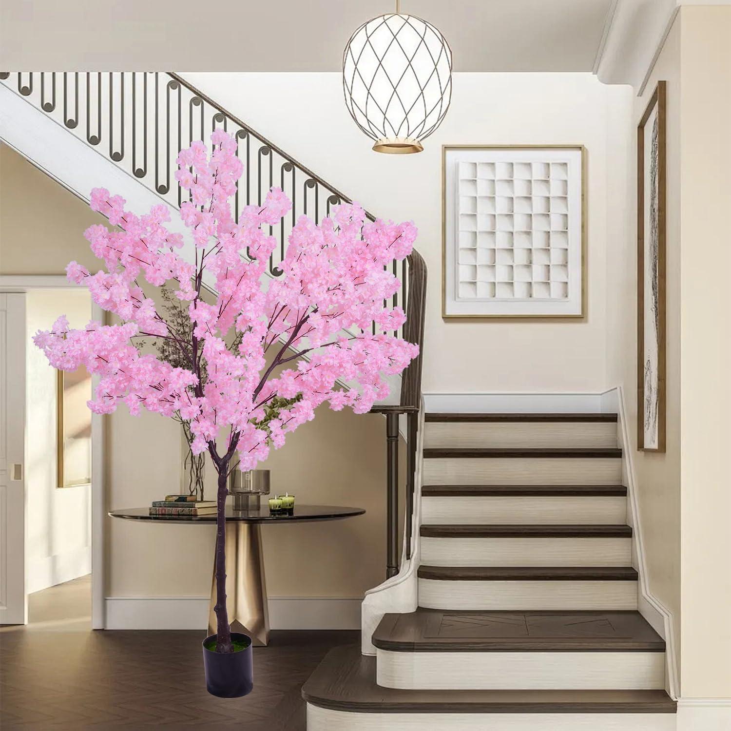 Spaco 6.5 FT Tall Artificial Cherry Blossom Tree with 1170 Pink Flowers, Artificial Cherry Blossom Tree with Stable Structure, Versatile Artificial Cherry Blossom Tree for Indoor and Outdoor, Pink
