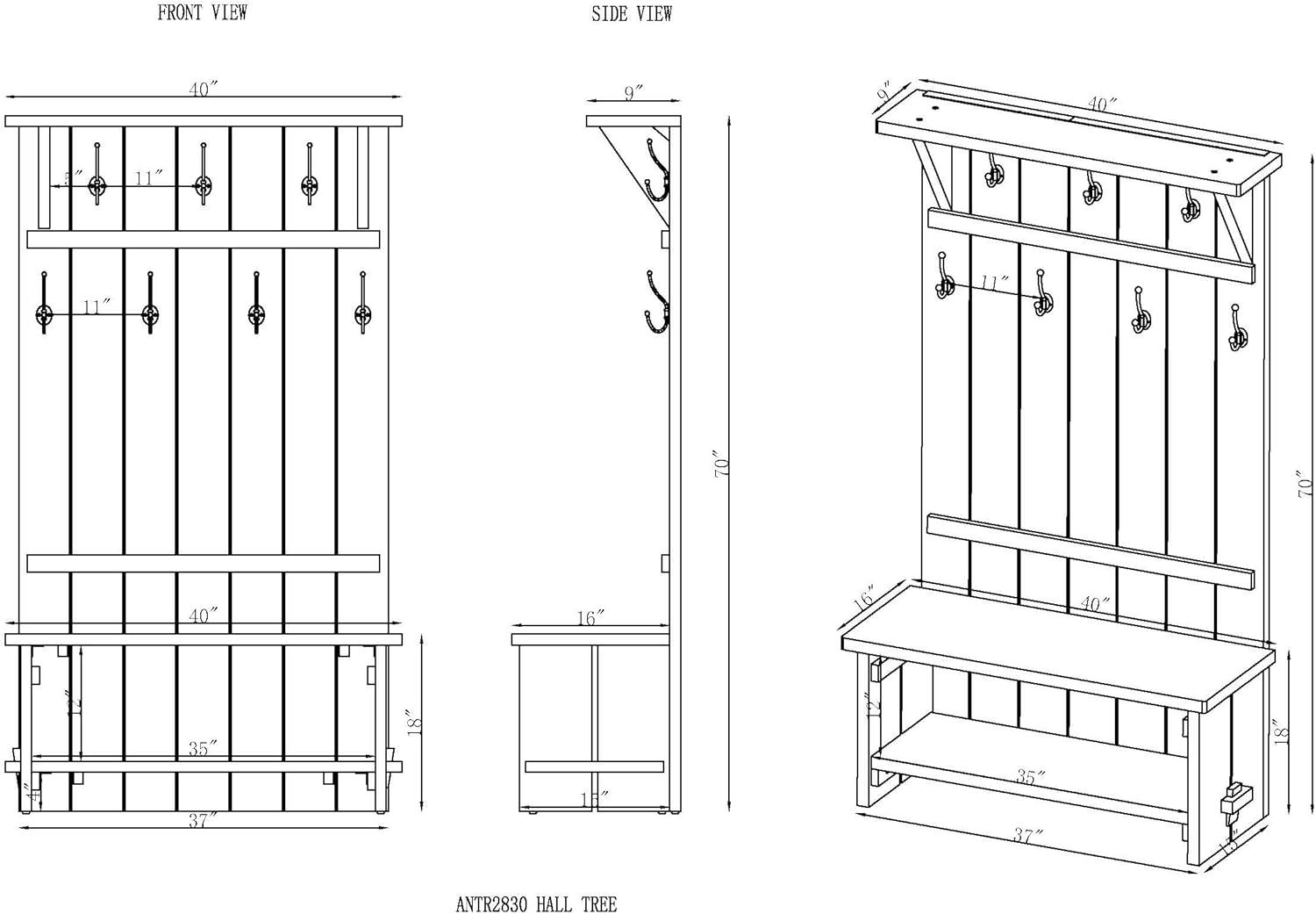 Bethel 40" Wide Industrial Rustic Farmhouse Solid Wood Hall Tree And Bench With Storage