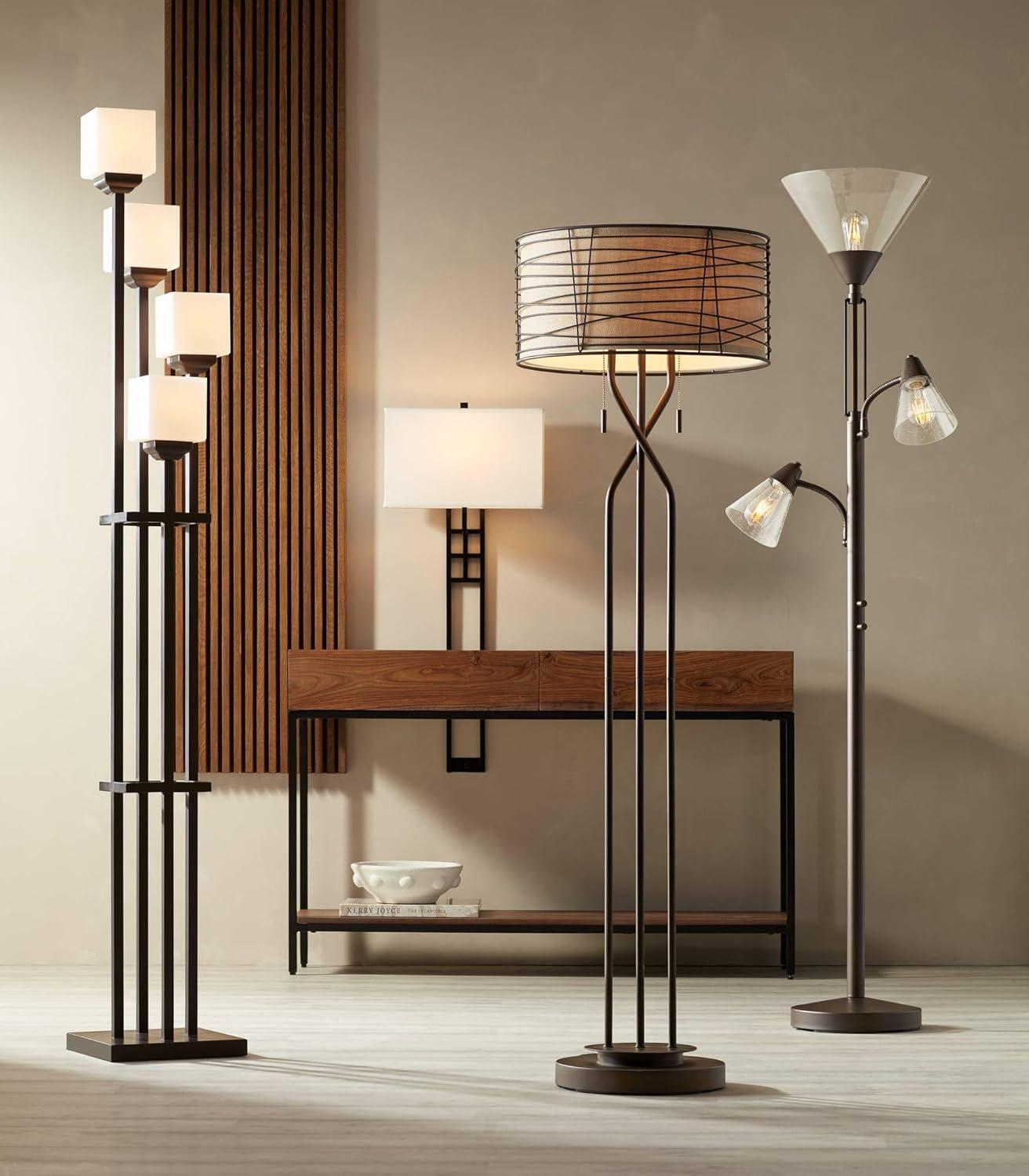 Franklin Iron Works Marlowe Rustic Farmhouse Floor Lamp 60 1/2" Tall Bronze Metal Oster Woven Burlap Fabric Inner Drum Shade for Living Room Bedroom