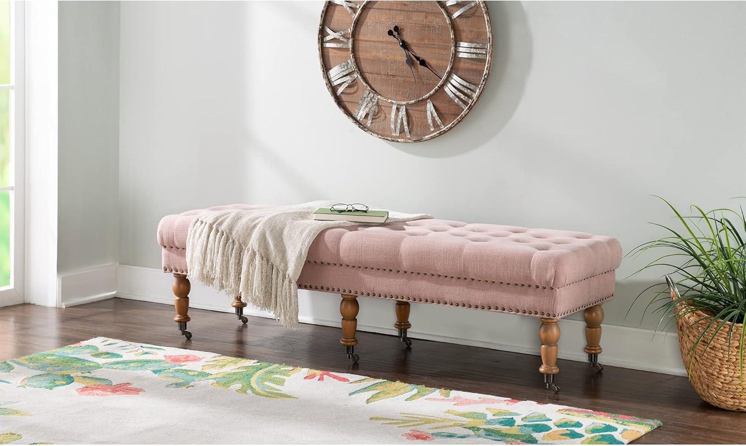 62" Isabelle Linen Tufted Bench with Nailhead Trim & Casters - Entryway, Bedroom - Linon