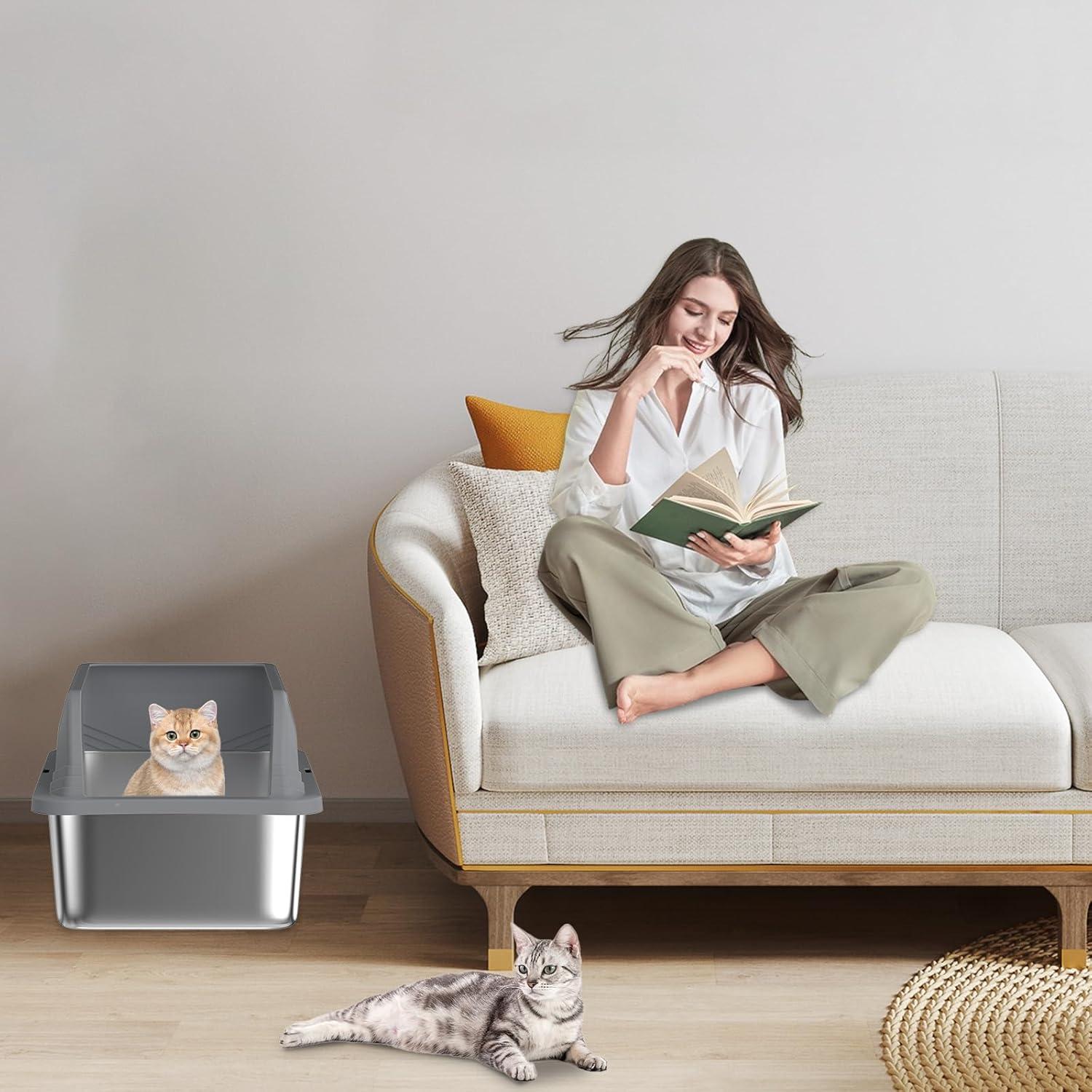 Extra Large Light Grey Stainless Steel Enclosed Cat Litter Box