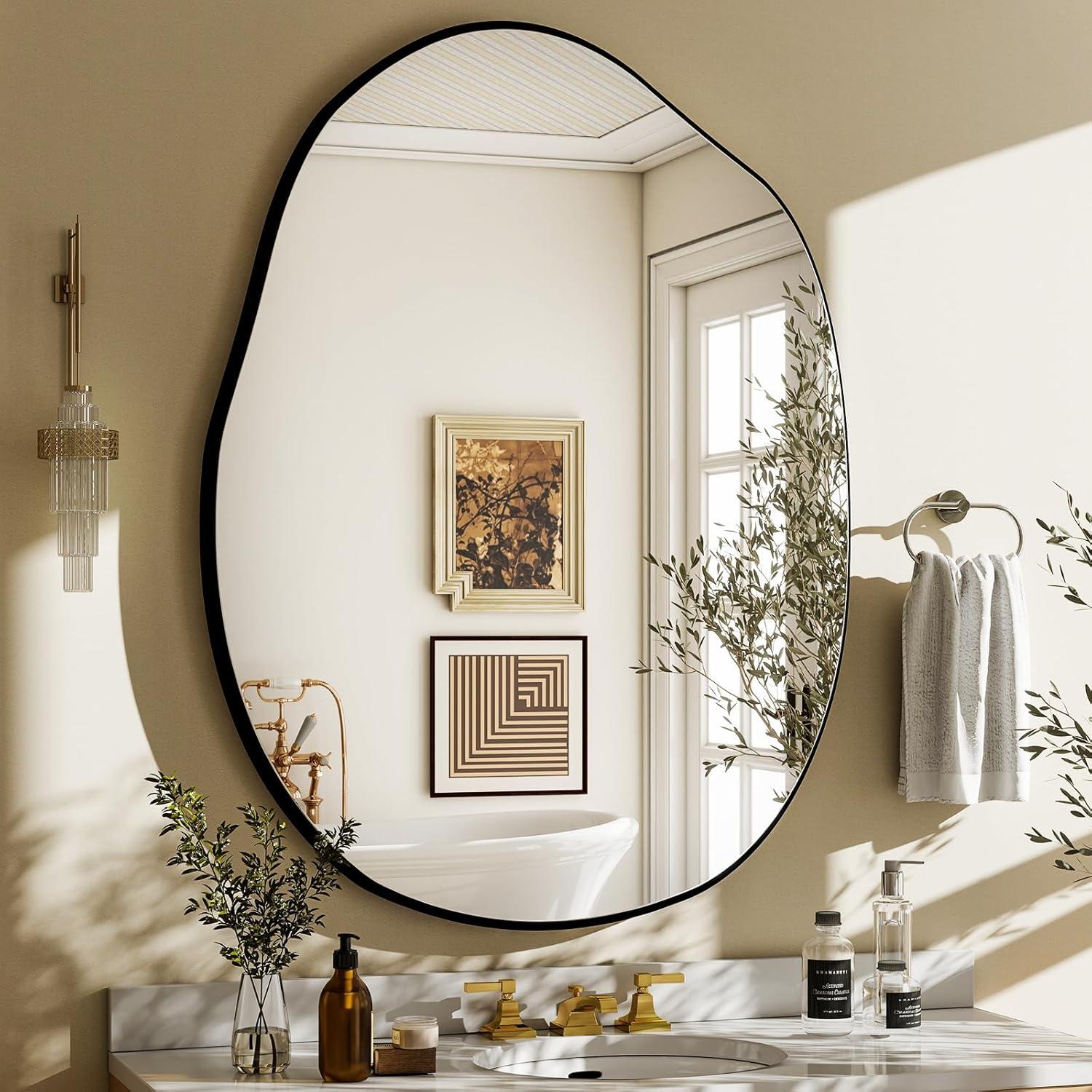 HARRITPURE Irregular Wall Mirror 26"x38" Black Asymmetrical Bathroom Mirror Wood Framed Modern Decorative Vanity Mirrors for Bedroom Living Room Entryway
