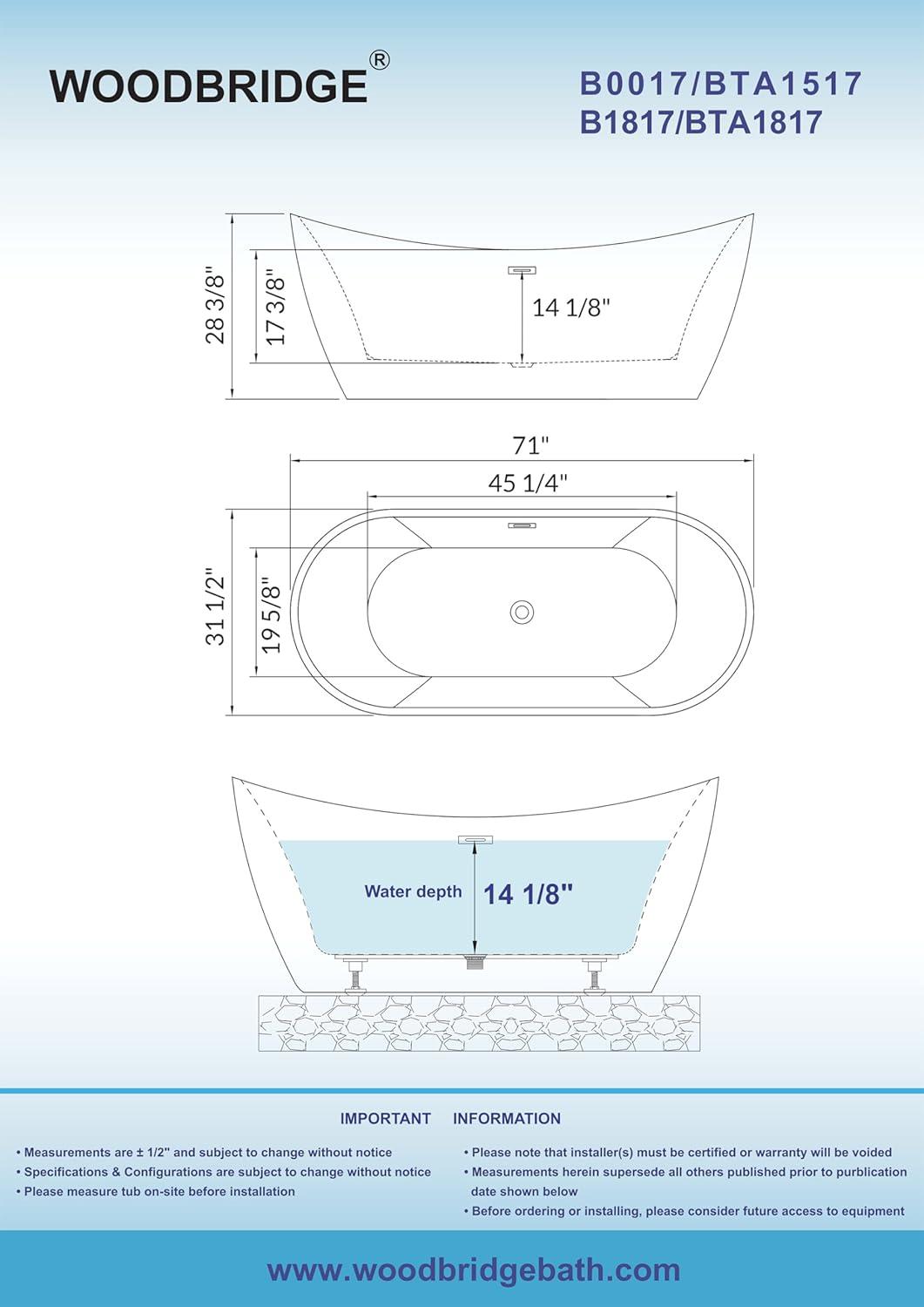 71'' White Acrylic Freestanding Soaking Bathtub with Brushed Nickel Drain