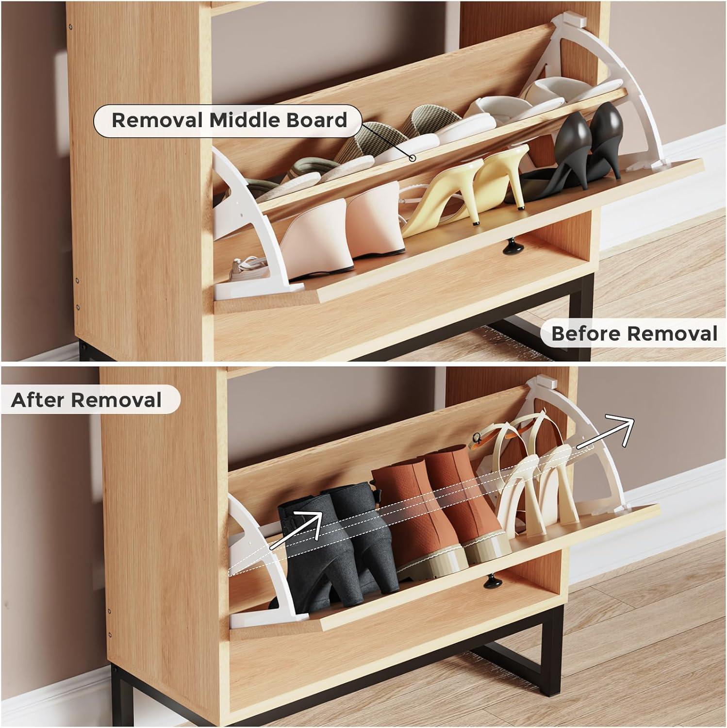 REHOOPEX Shoe Cabinet with 2 Natural Rattan Flip Drawers, Entryway Shoe Rack Storage Organizer