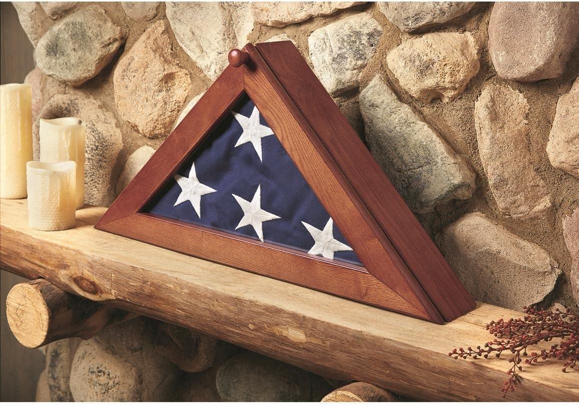 Walnut Finish Wood and Glass Triangular Wall Mount Flag Display Case
