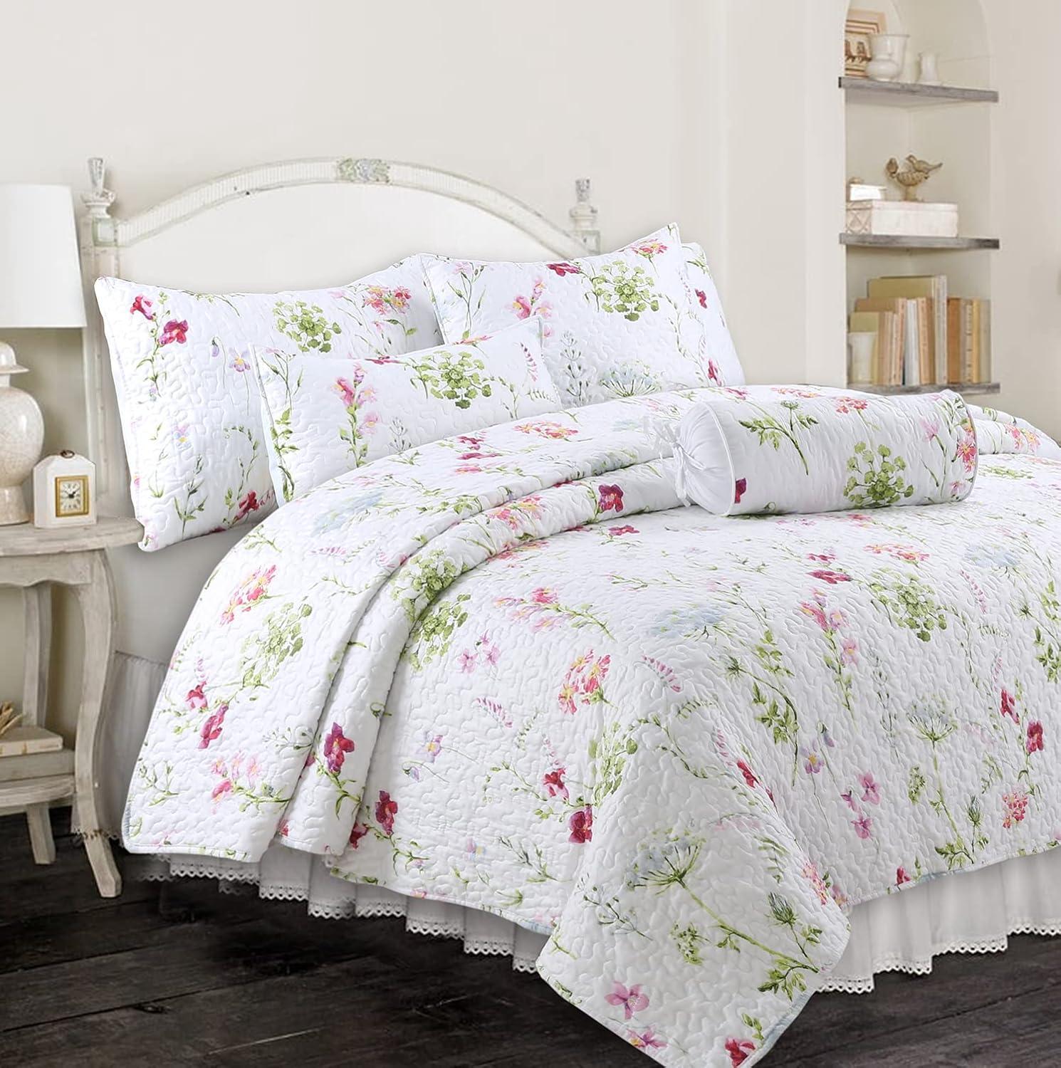 King Pink Floral Microfiber Reversible Quilt Set