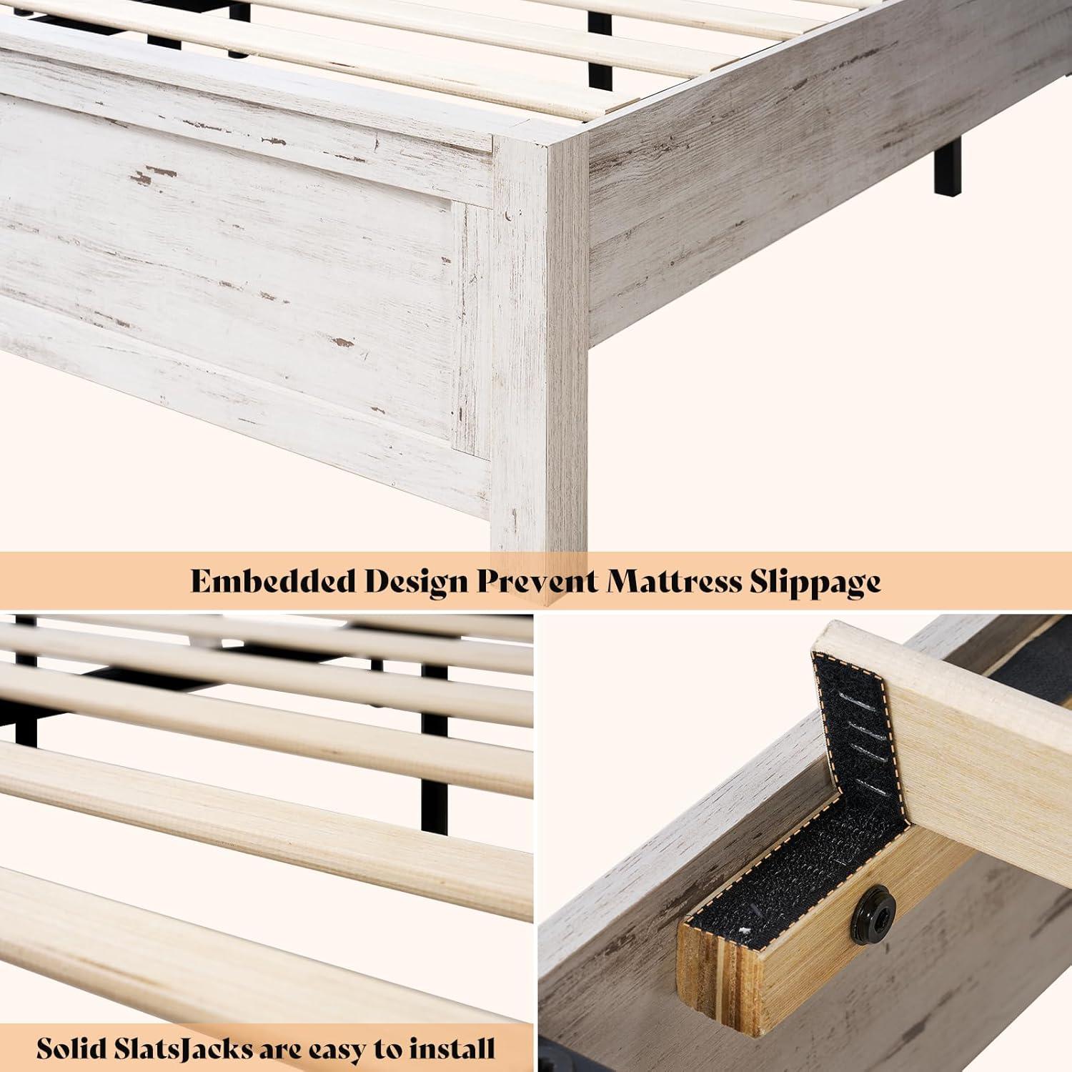 Distressed White Queen Size Wooden Farmhouse Bed Frame with Barn Door Headboard